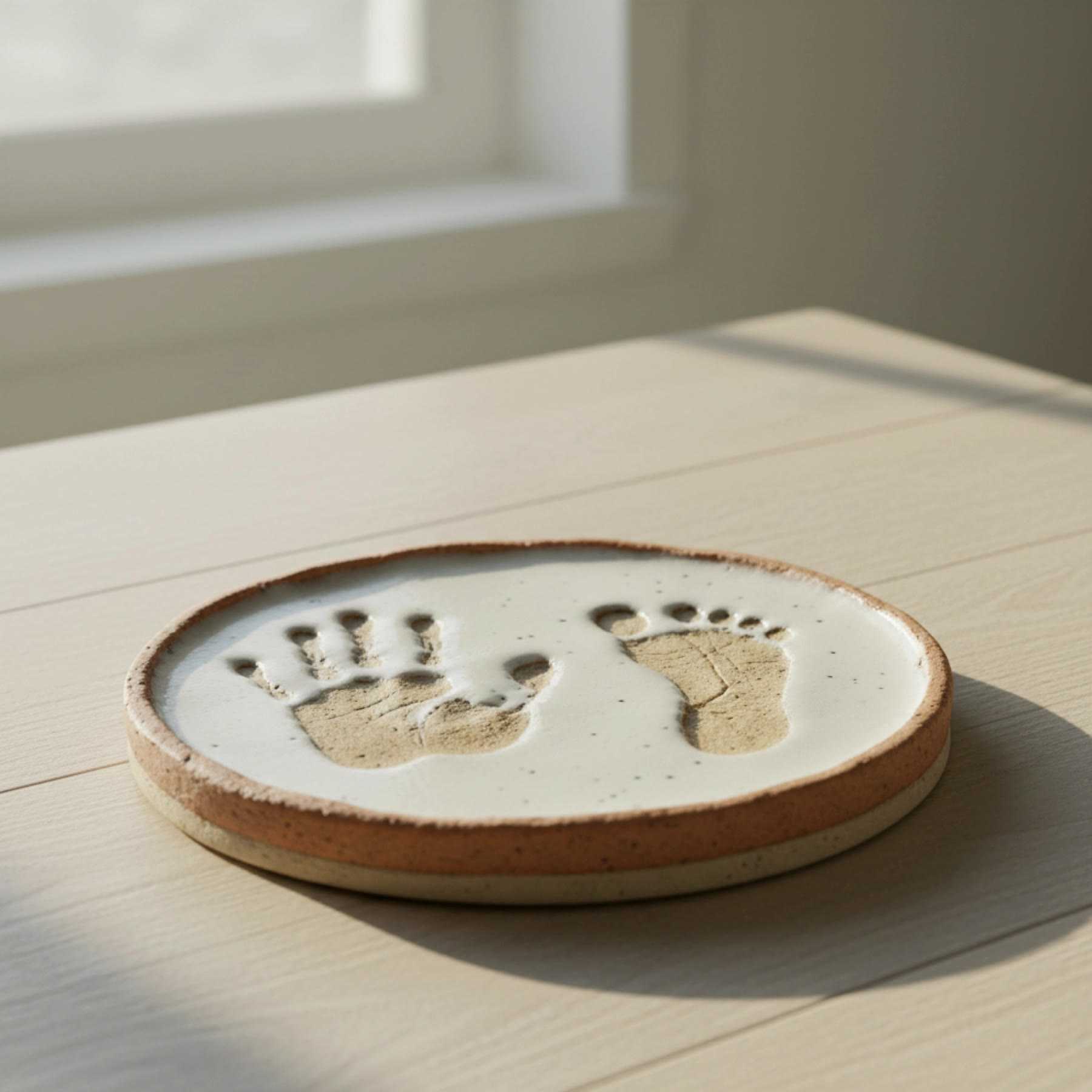Illustration of a white plaque with a baby's handprint and footprint