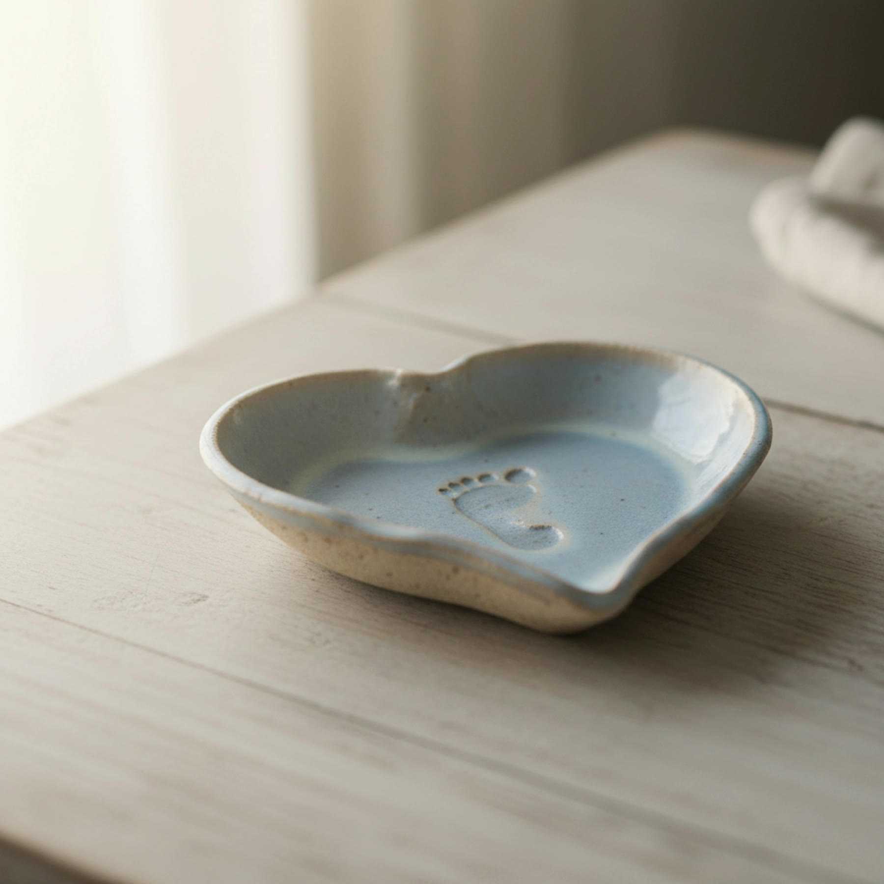 Illustration of a pale blue heart-shaped dish with one baby footprint inside