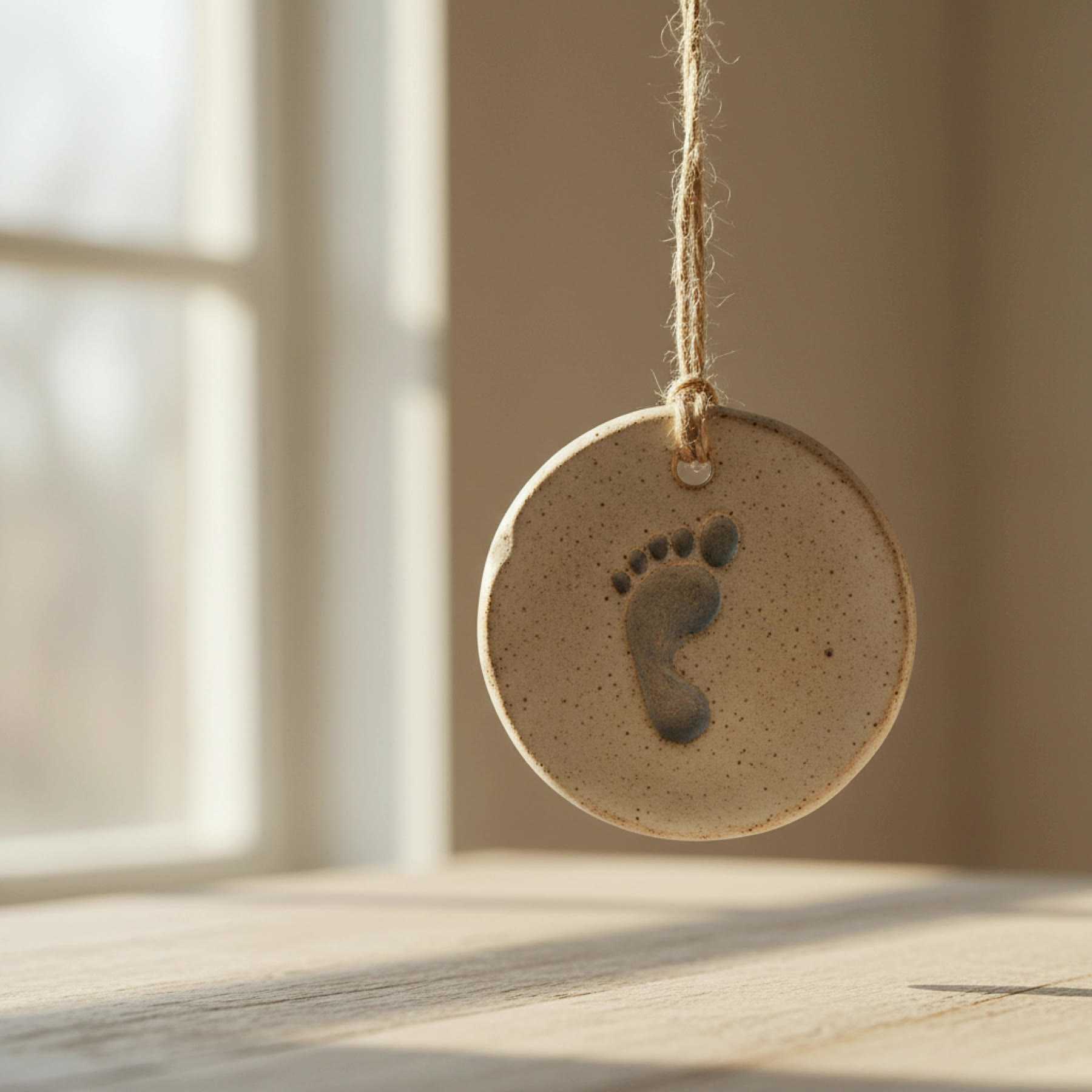 Illustration of a small round clay ornament with one footprint, hanging from twine