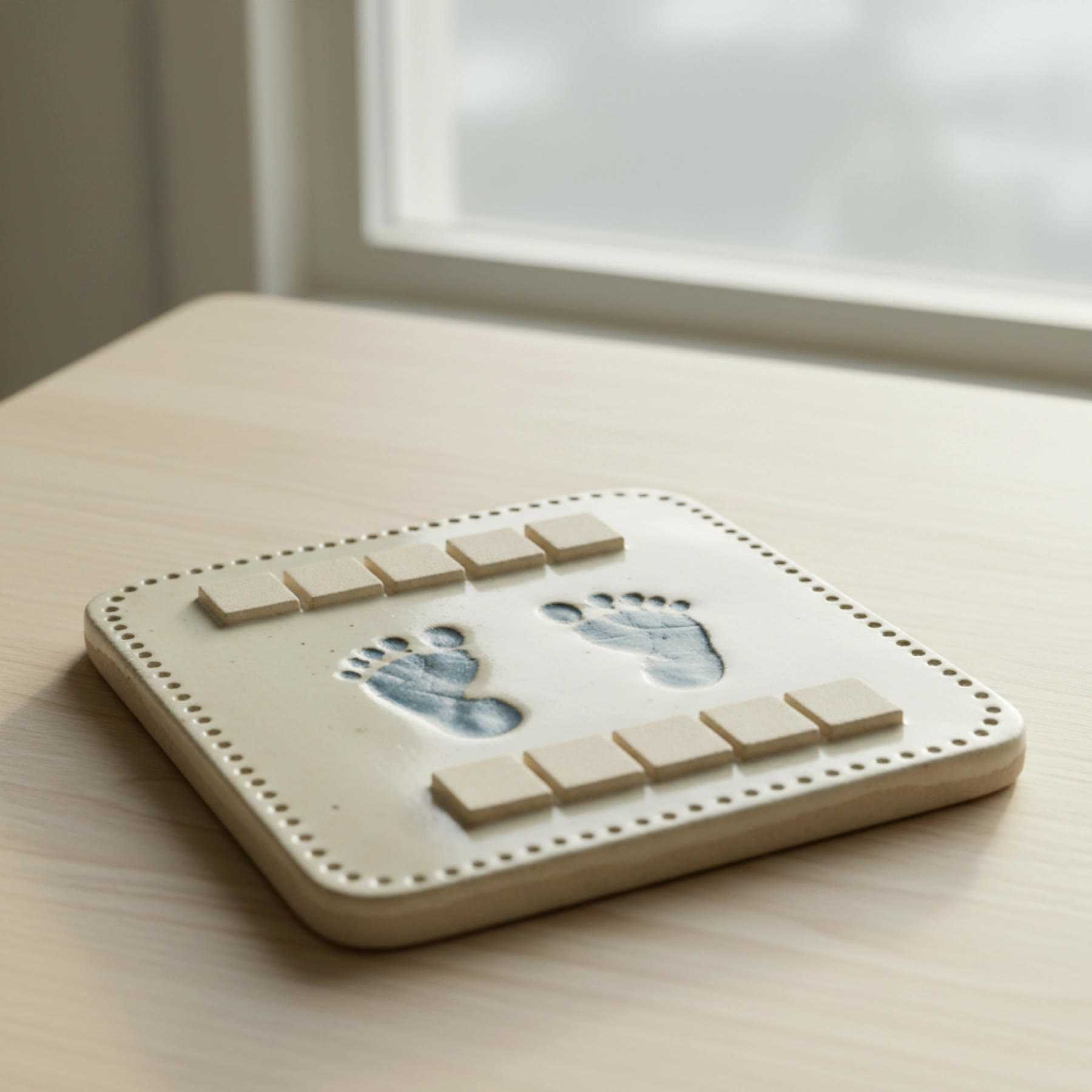 Illustration of a square plaque with a baby's handprint and footprint and a dotted border