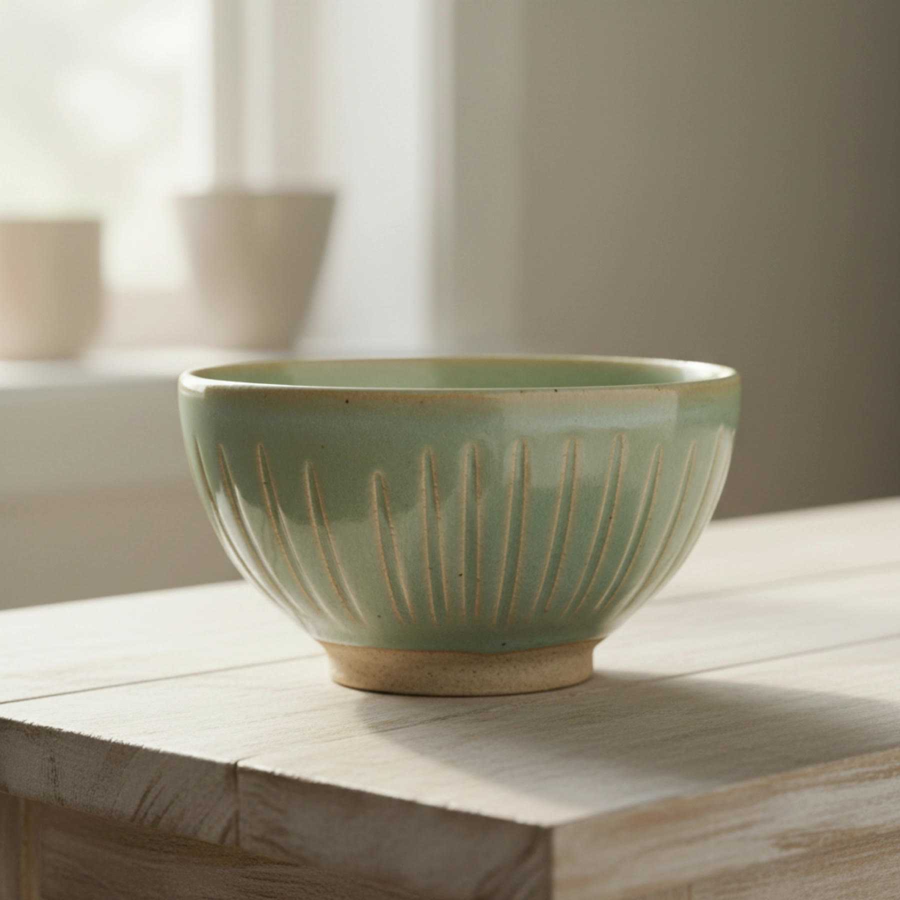 Illustration of a celadon bowl with carved fluting on the outside