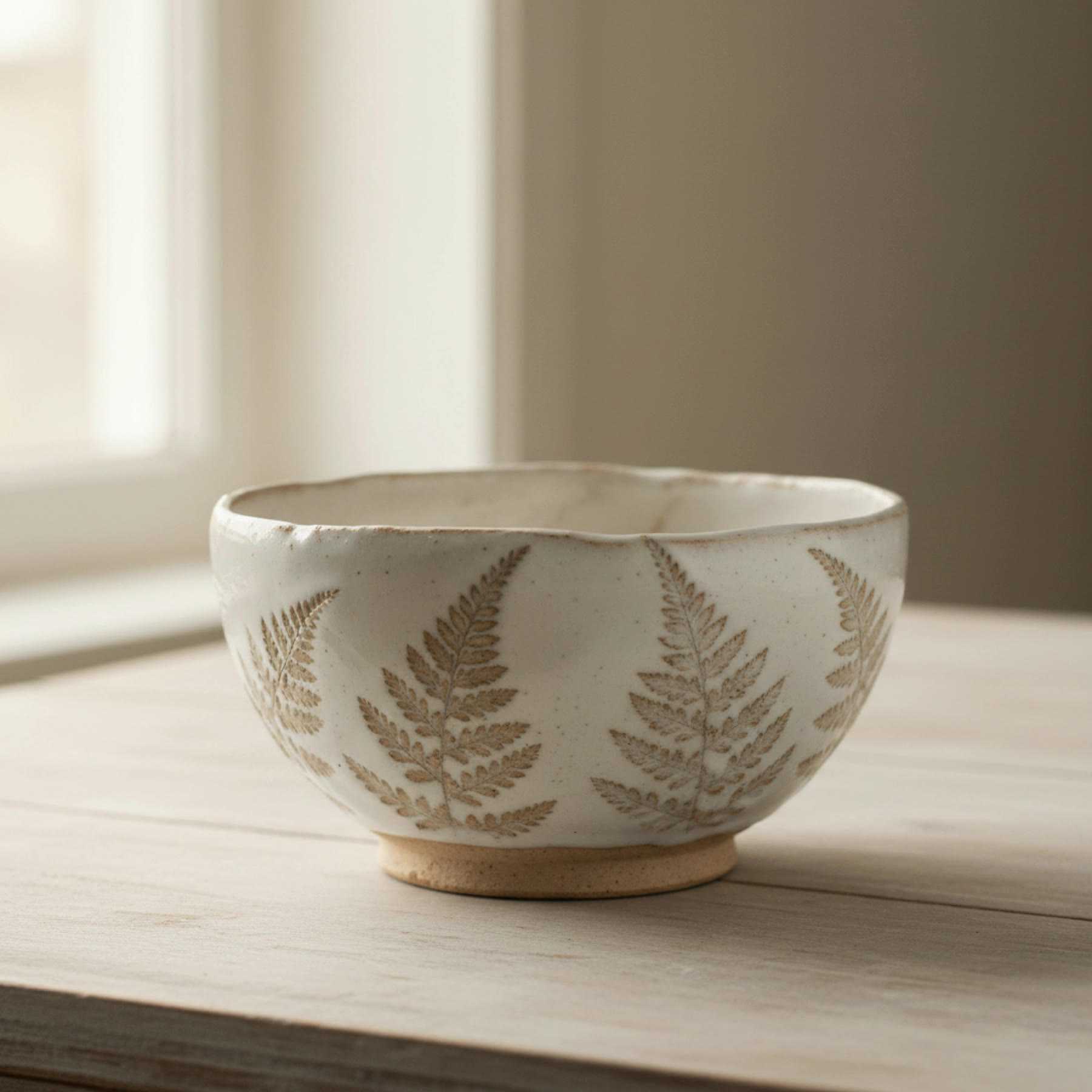 Illustration of a white hand-built bowl pressed with fern leaves