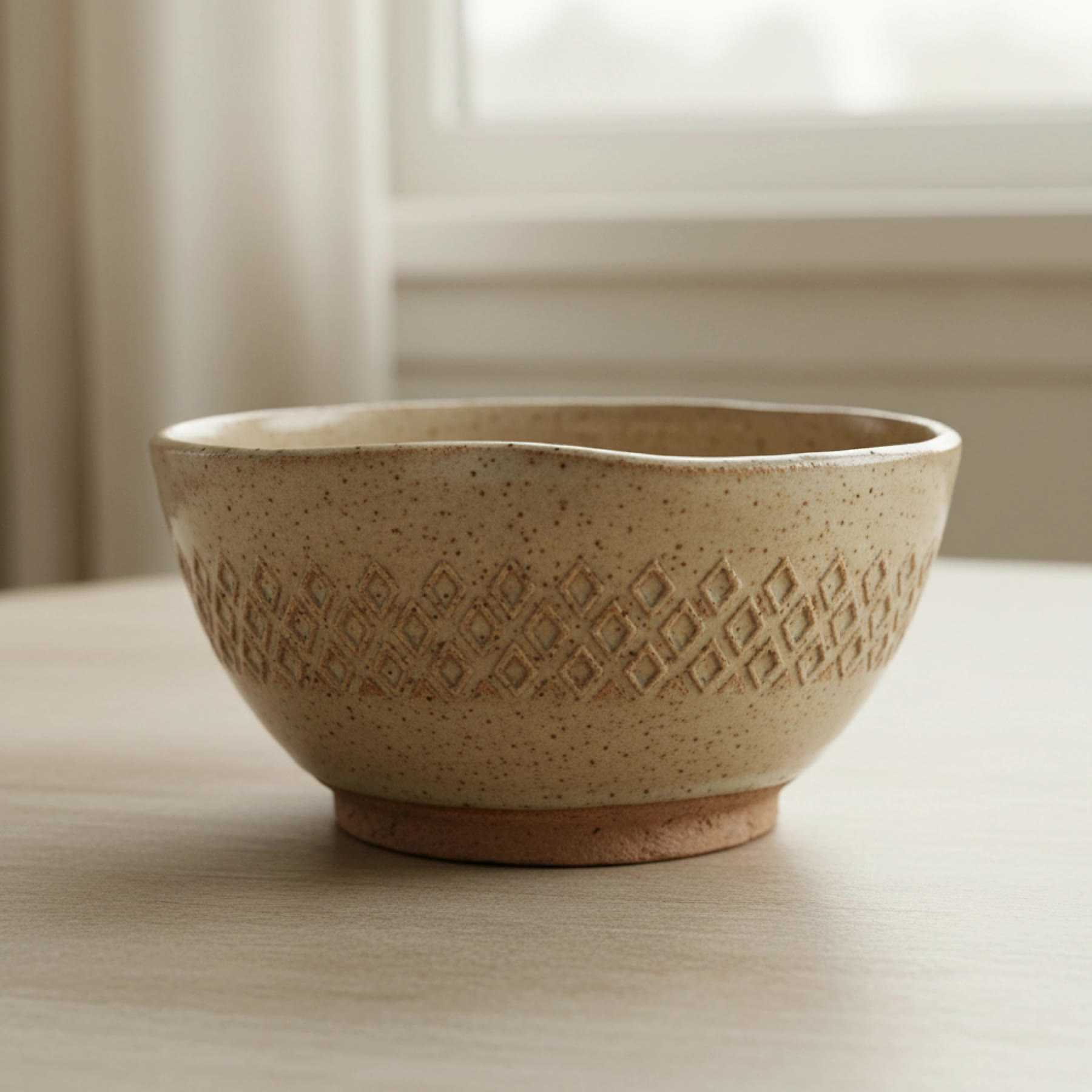 Illustration of a speckled bowl with a rolled diamond stamp pattern
