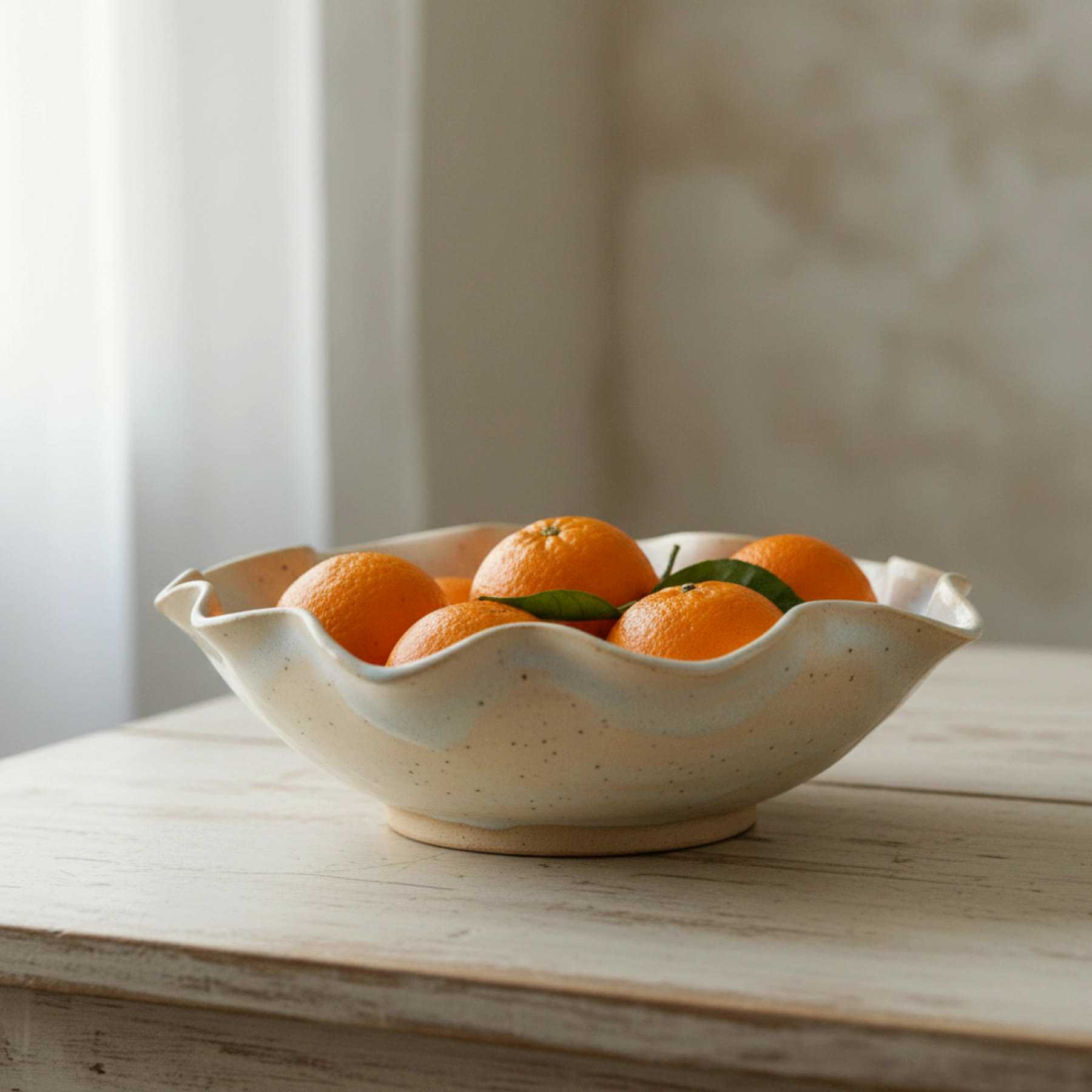 Illustration of a wide fruit bowl with a wavy rim, holding oranges