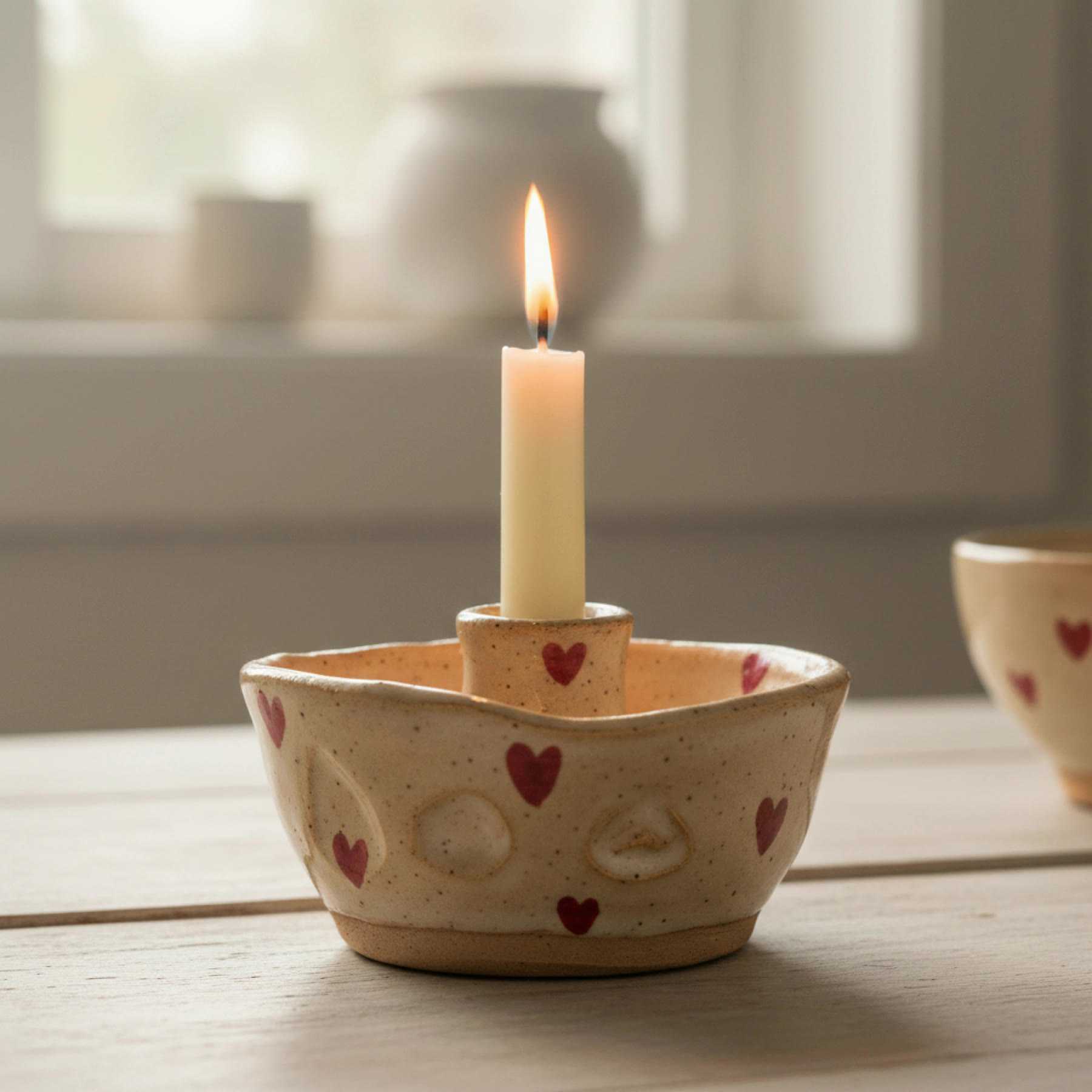 Illustration of a candle holder painted with small red hearts