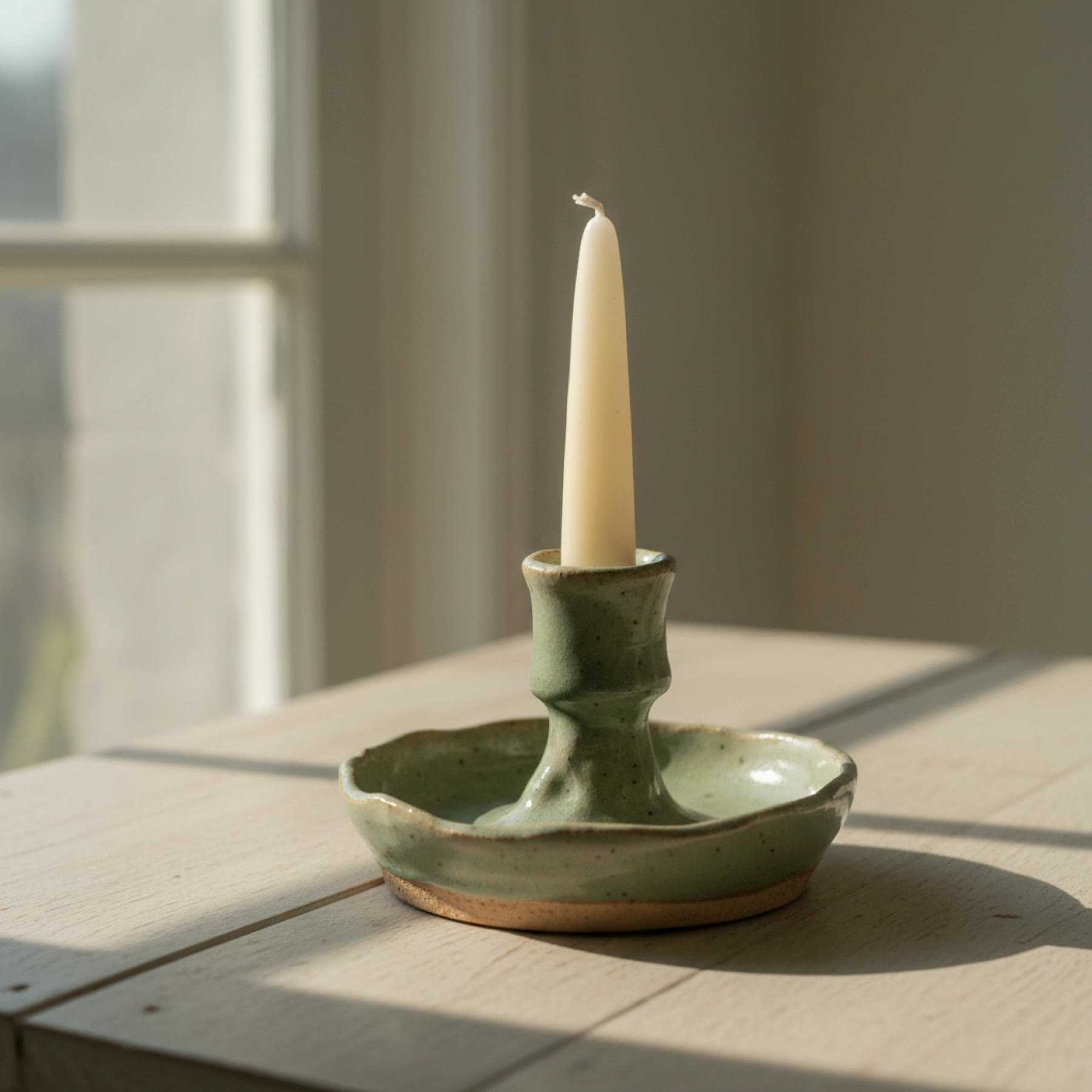 Illustration of a sage-green chamberstick candle holder with no pattern