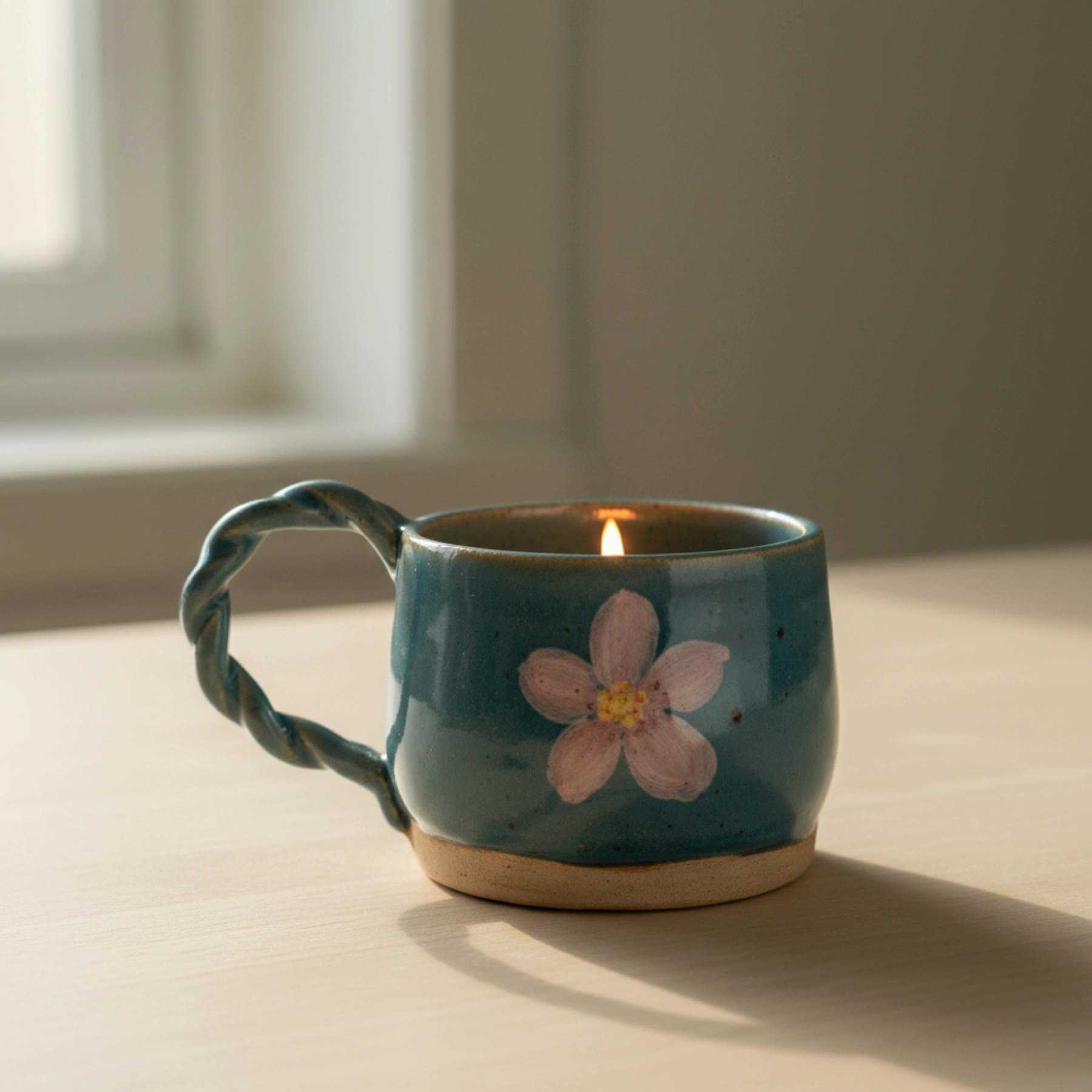 Illustration of a tealight holder with a twisted handle and a painted pink flower