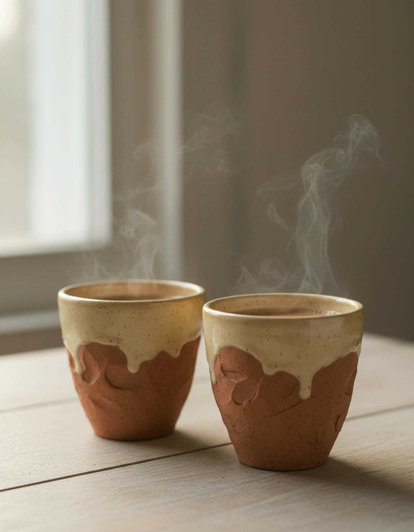 Illustration of a pair of kulhad-style pinch-pot cups filled with steaming chai