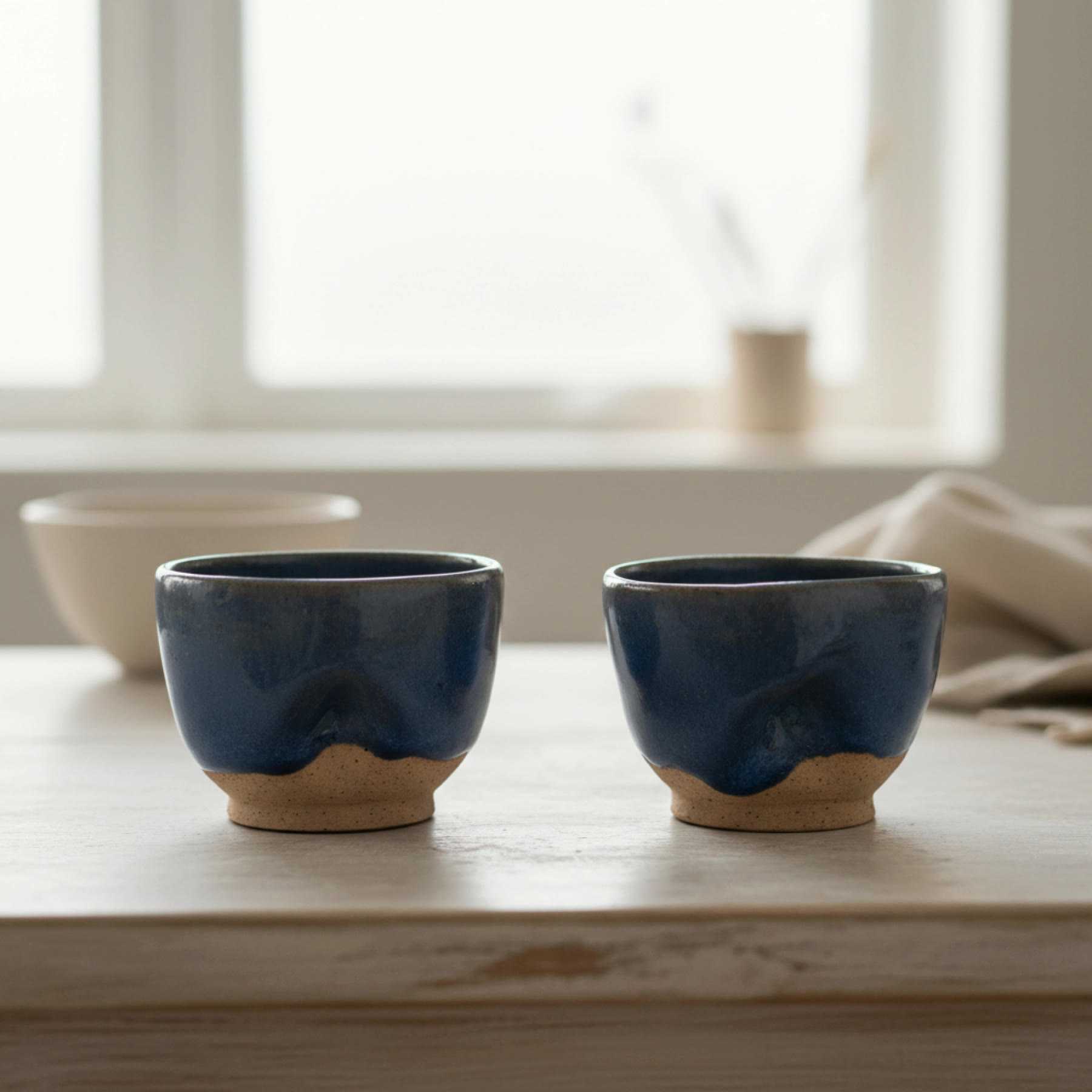 Illustration of two pinch cups half-dipped in deep blue glaze