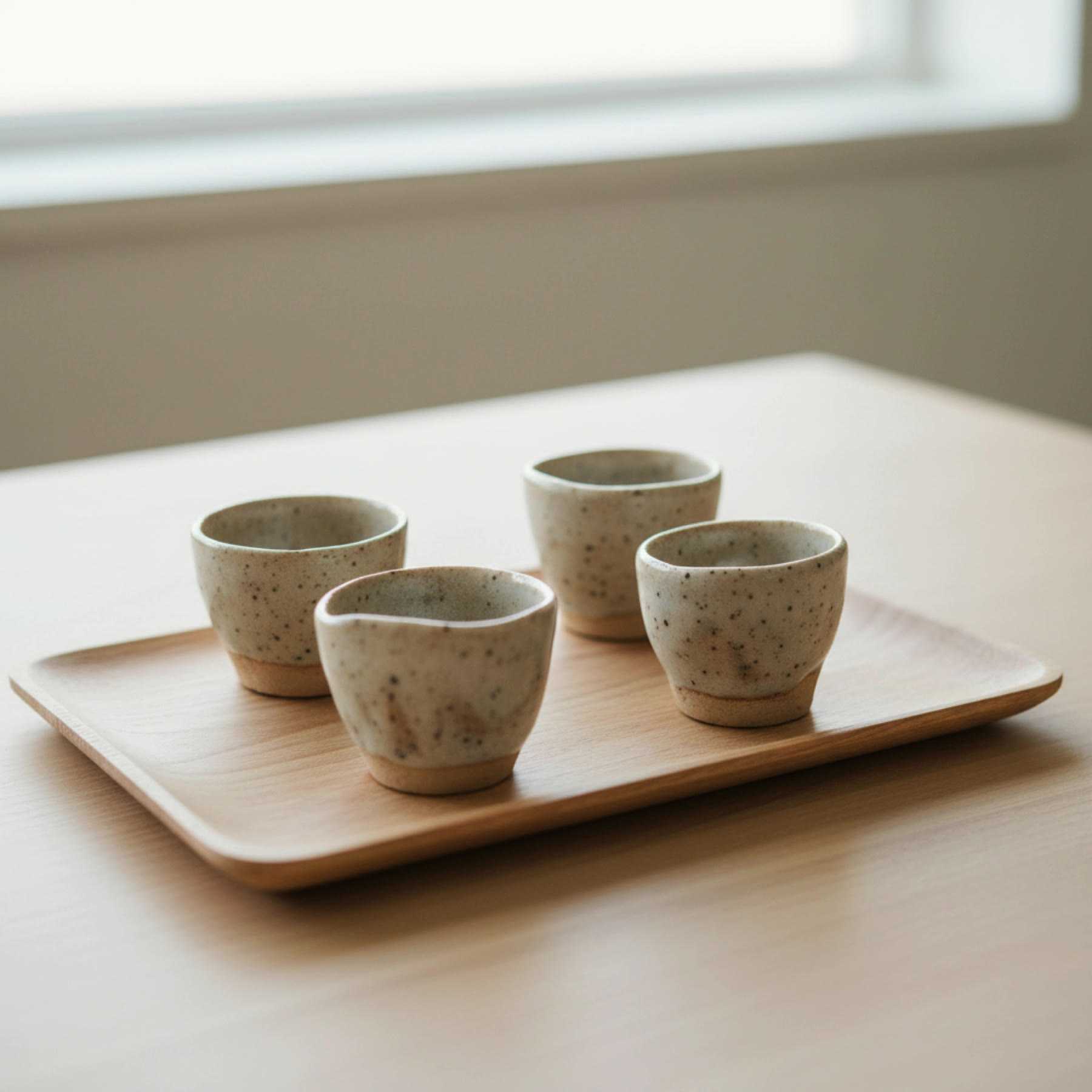 Illustration of four small espresso-size pinch cups on a wooden tray