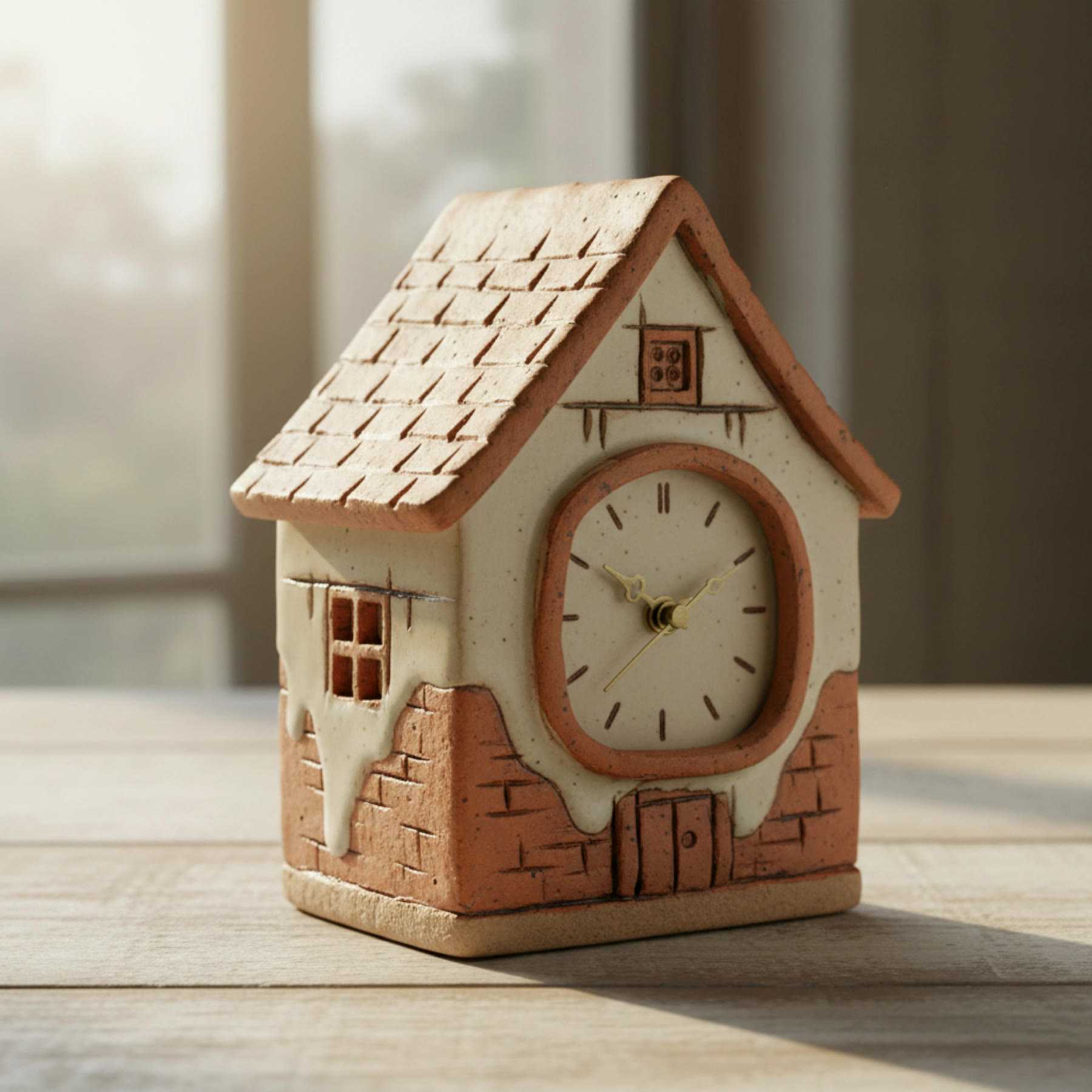 Illustration of a ceramic clock shaped like a little house with a tiled roof