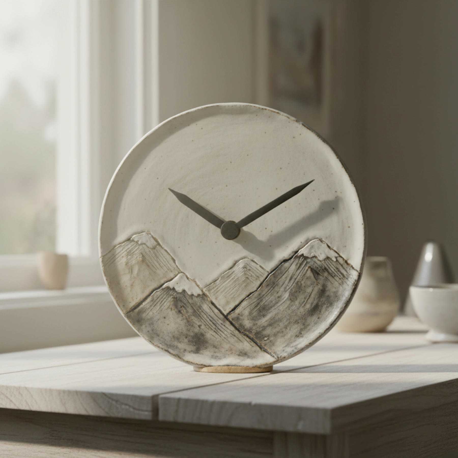Illustration of a white ceramic clock with a mountain ridge carved across the lower half