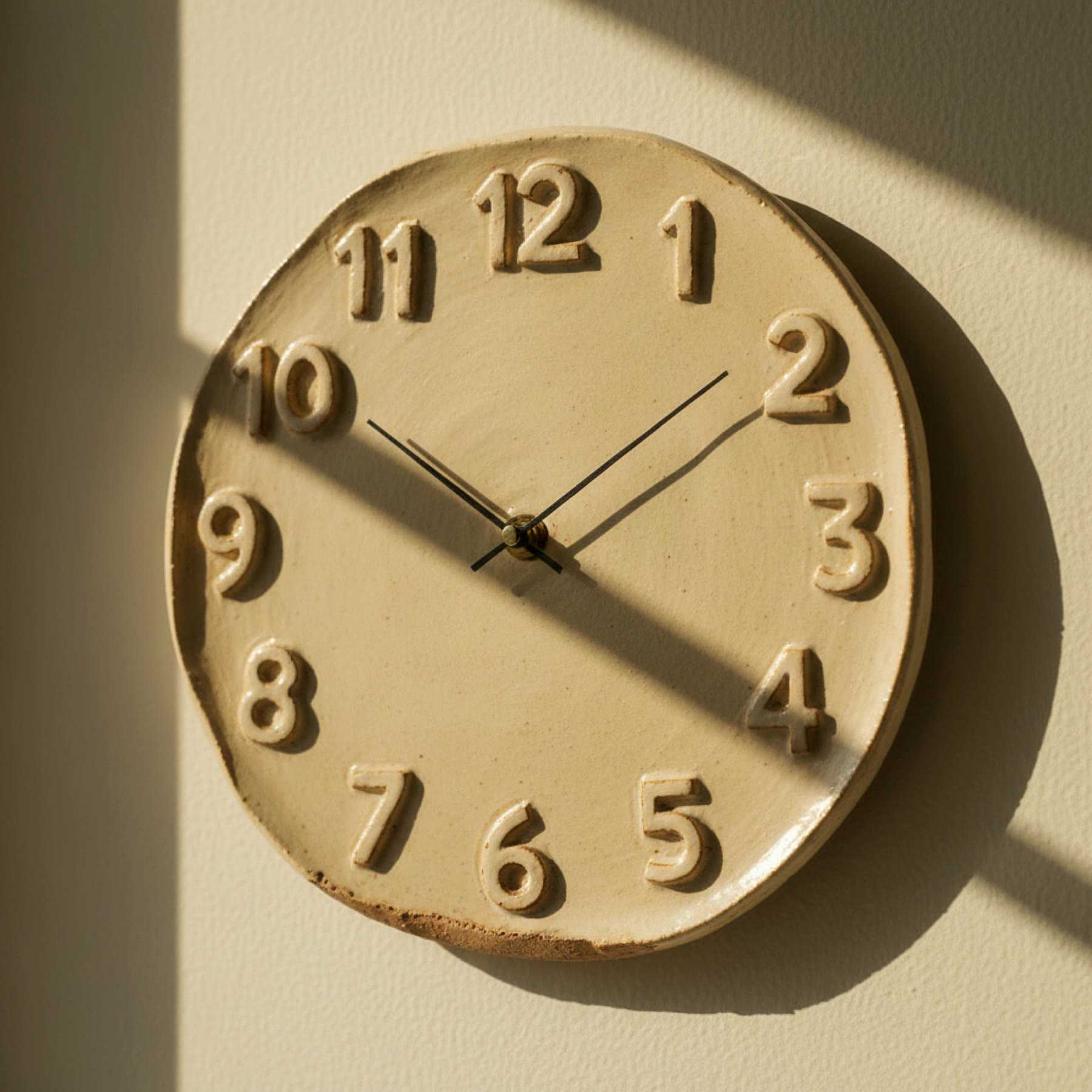 Illustration of a cream ceramic wall clock with raised hand-modelled numerals