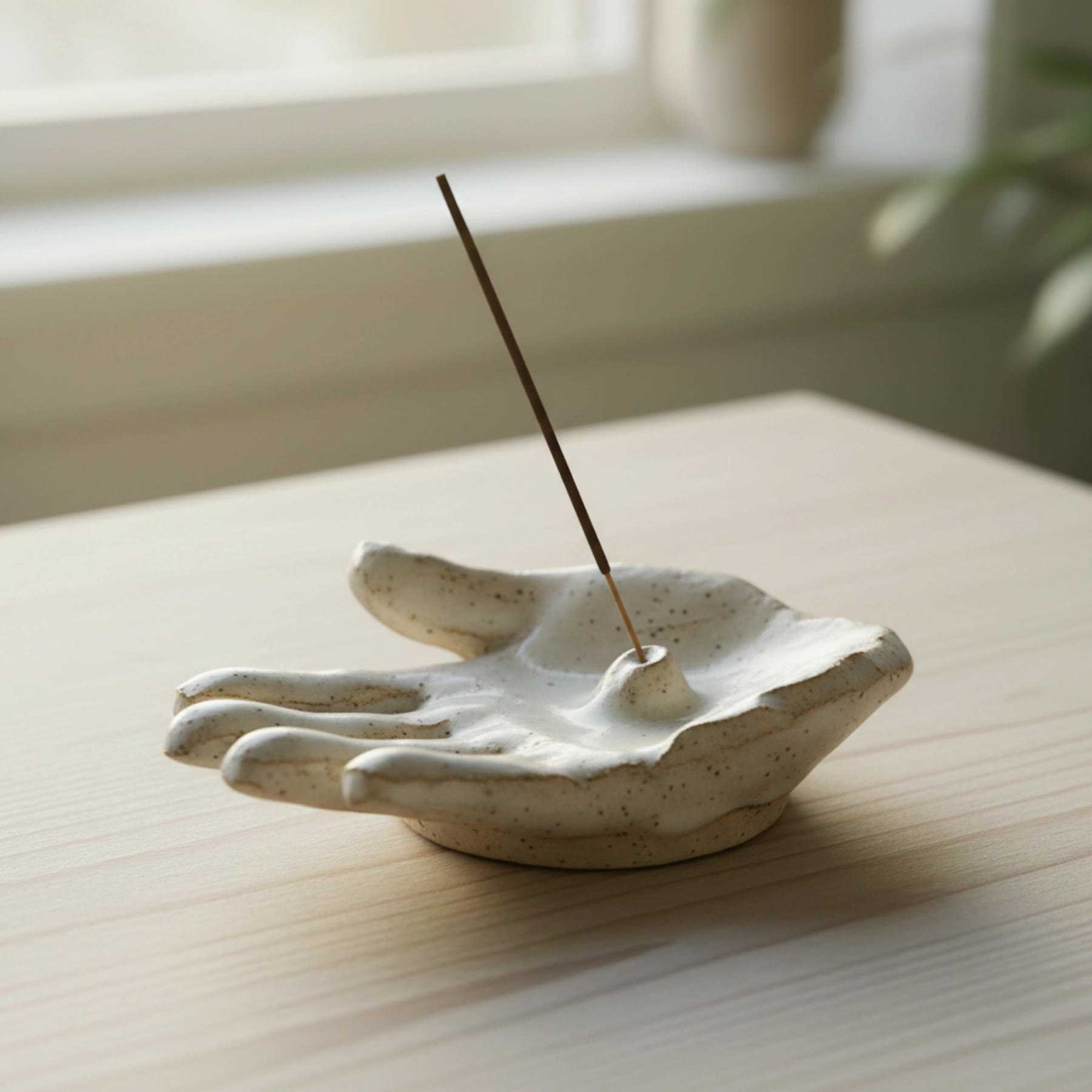 Illustration of a cream ceramic incense holder shaped like an open palm, holding one stick