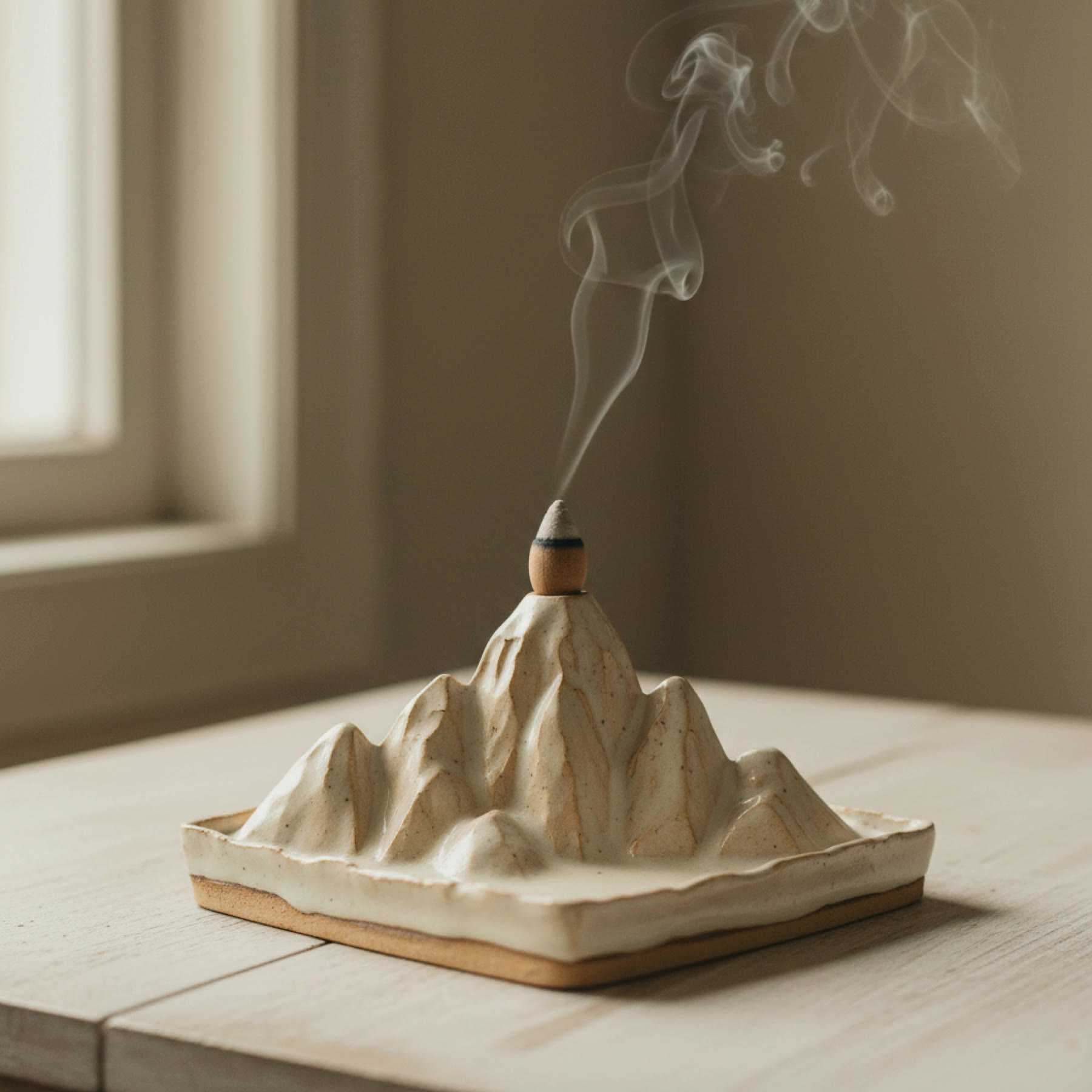 Illustration of a mountain-shaped ceramic incense holder with a cone burning on top