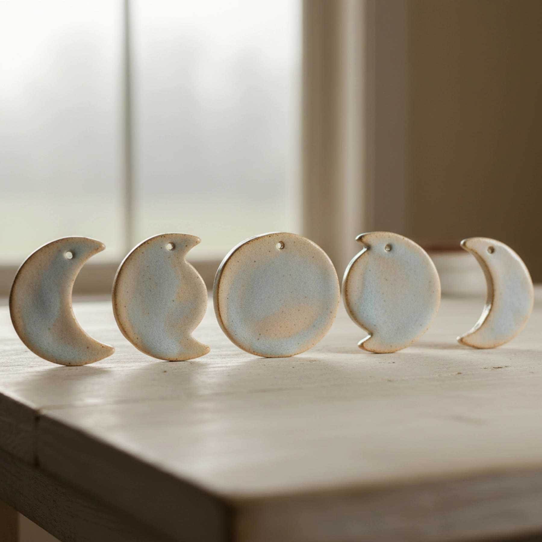 Illustration of a row of small ceramic charms showing the phases of the moon