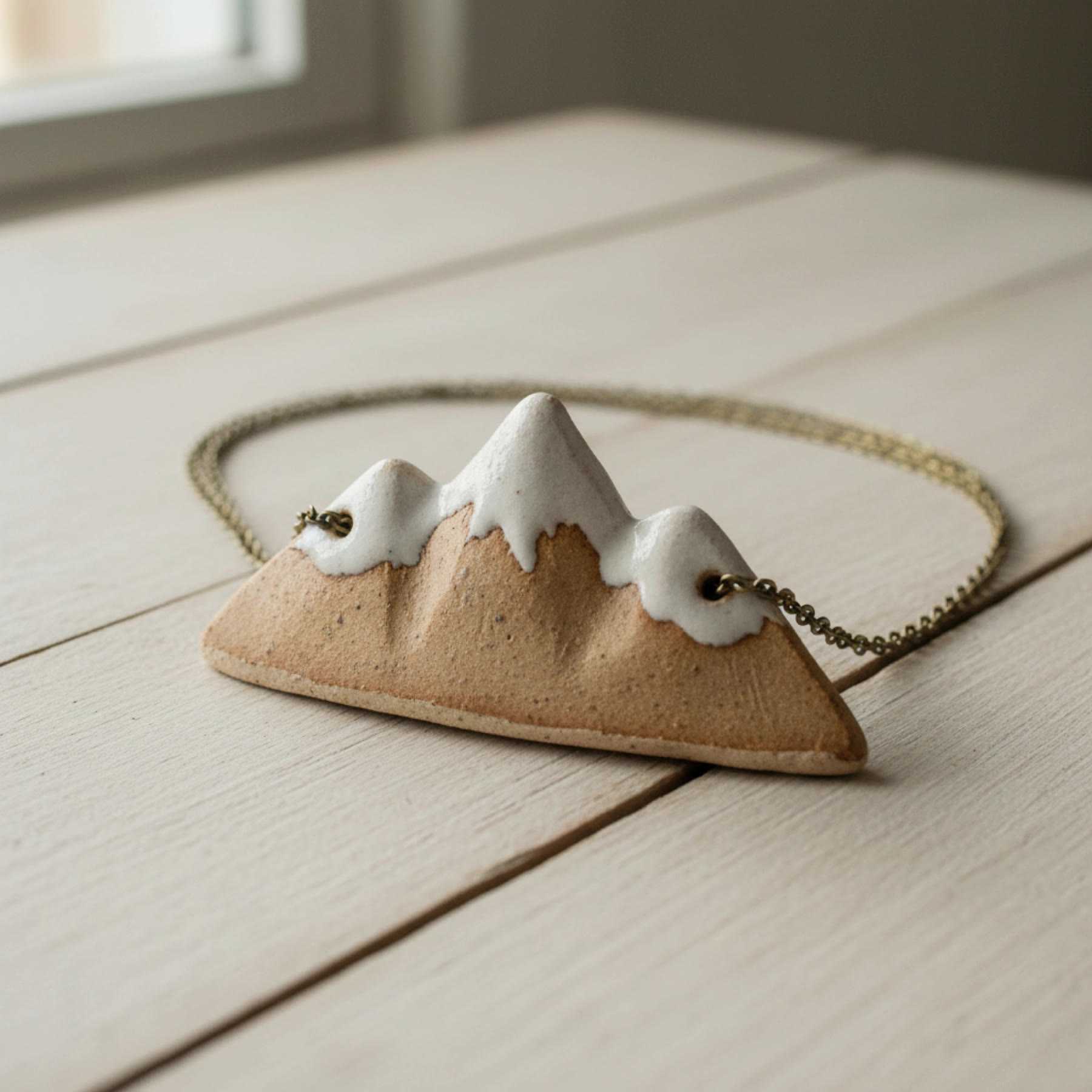 Illustration of a ceramic mountain-ridge pendant with snowy peaks on a chain