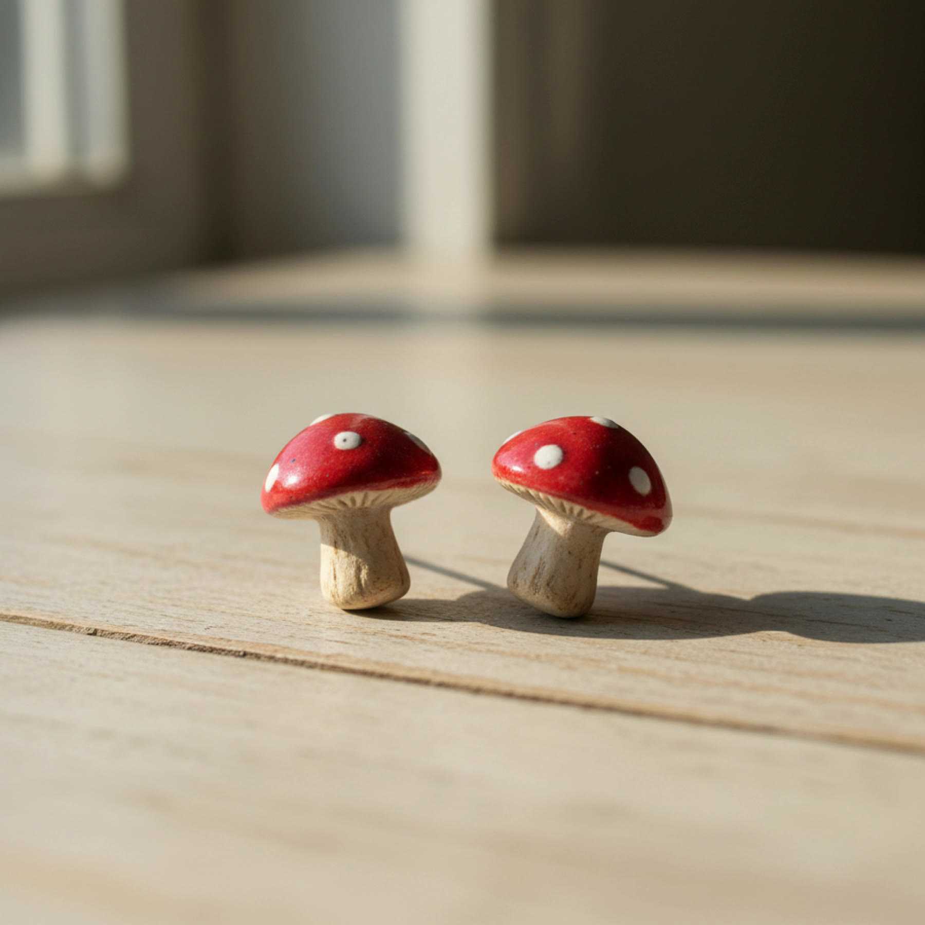 Illustration of tiny red-capped ceramic mushroom stud earrings