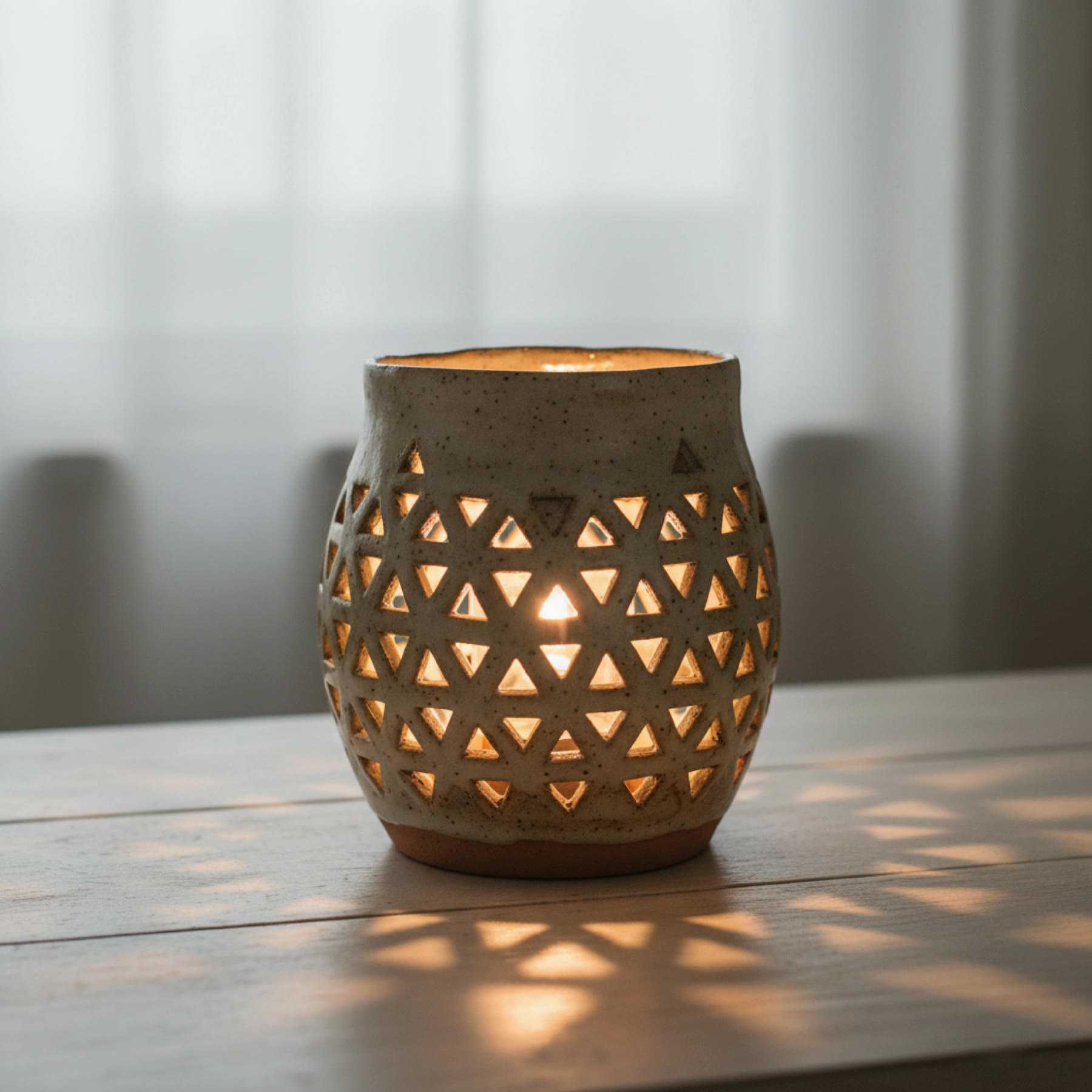 Illustration of a lit ceramic shade pierced in a lattice of small triangles