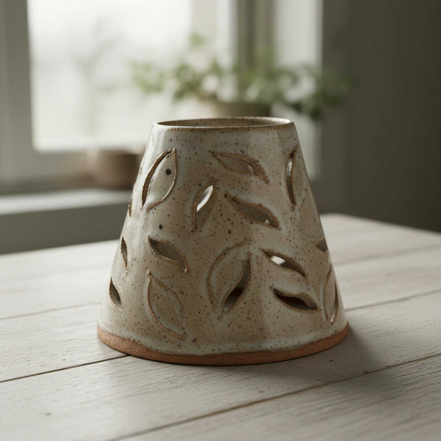 Illustration of a cone-shaped ceramic shade with leaf-shaped cut-outs