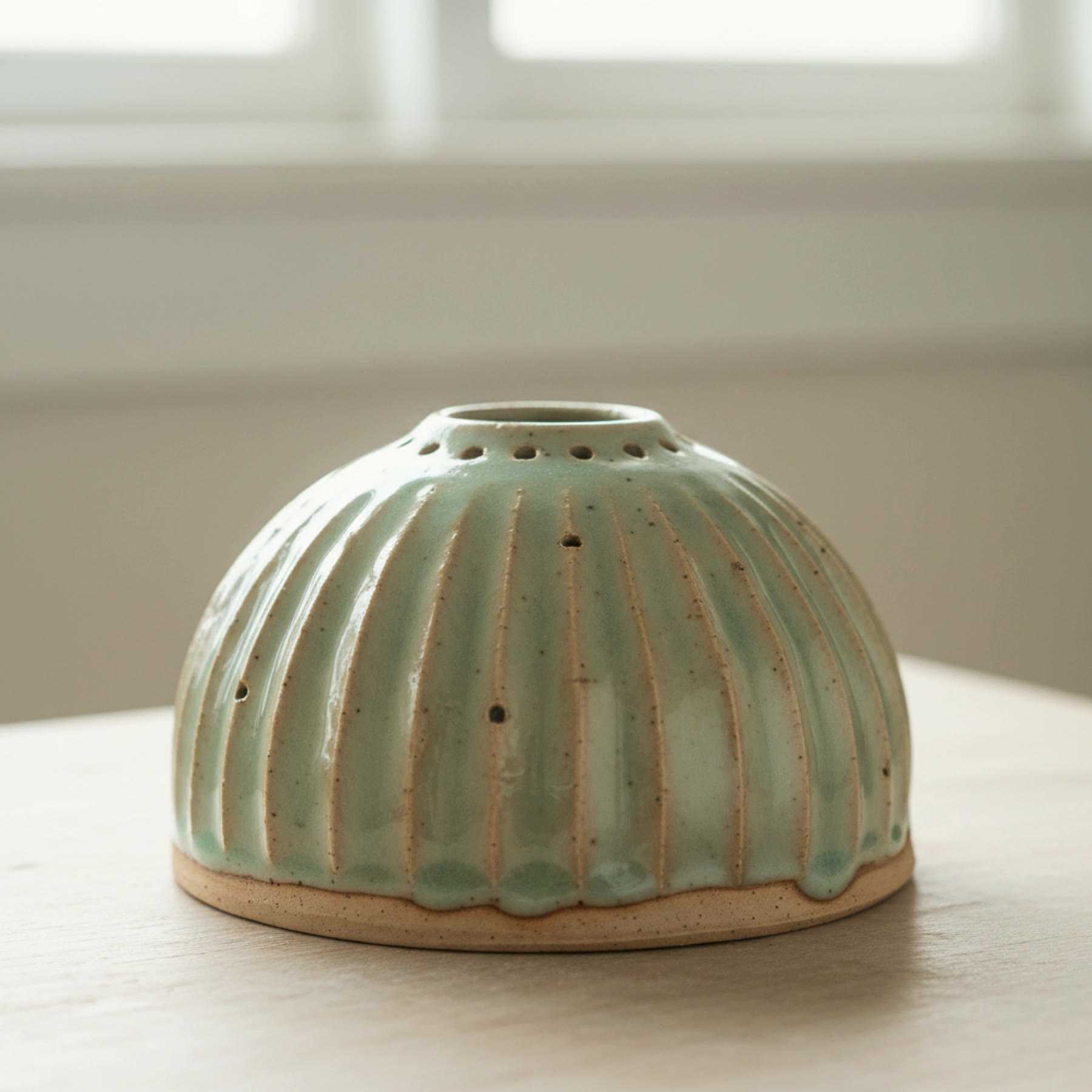 Illustration of a ribbed celadon dome shade with a ring of small holes