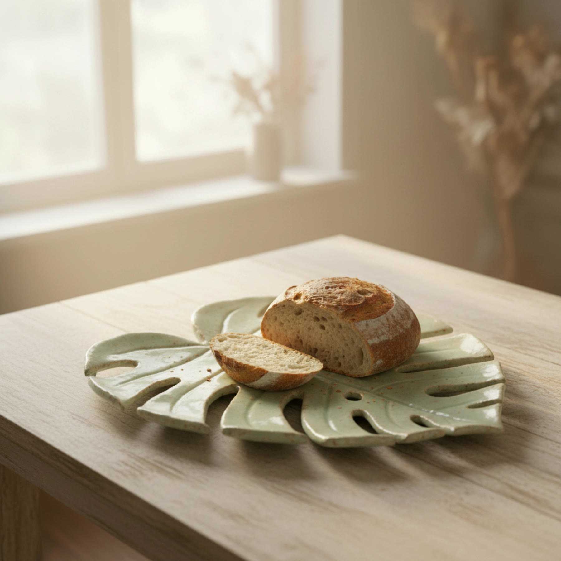 Illustration of a large celadon monstera platter holding a loaf of bread