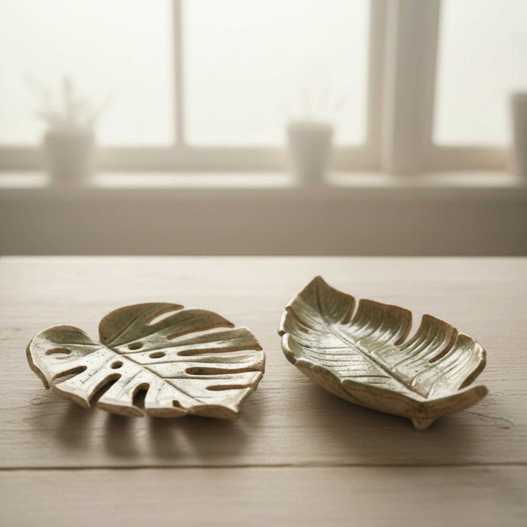 Illustration of two small leaf dishes, a monstera and a banana leaf