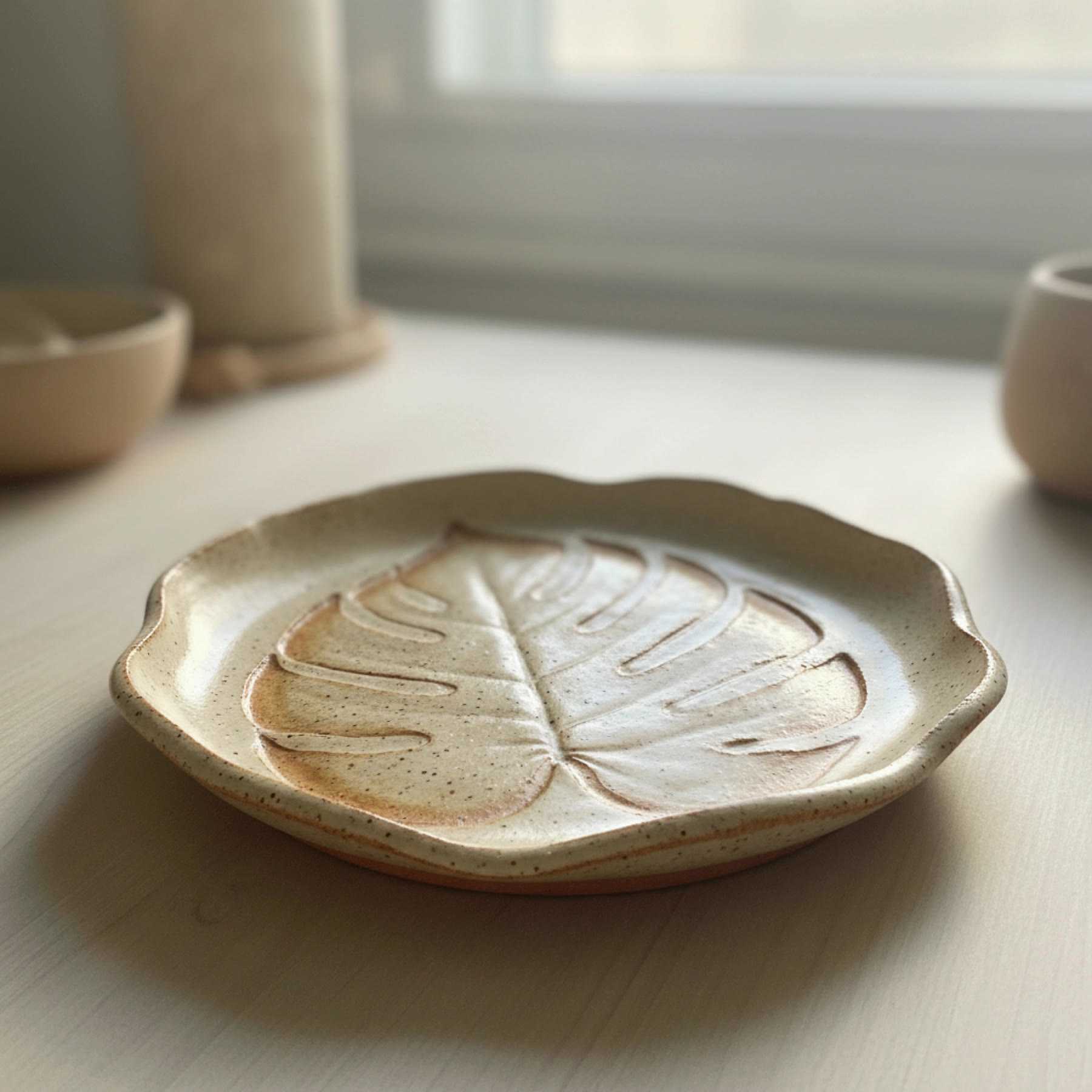 Illustration of a monstera-leaf plate in speckled oat glaze