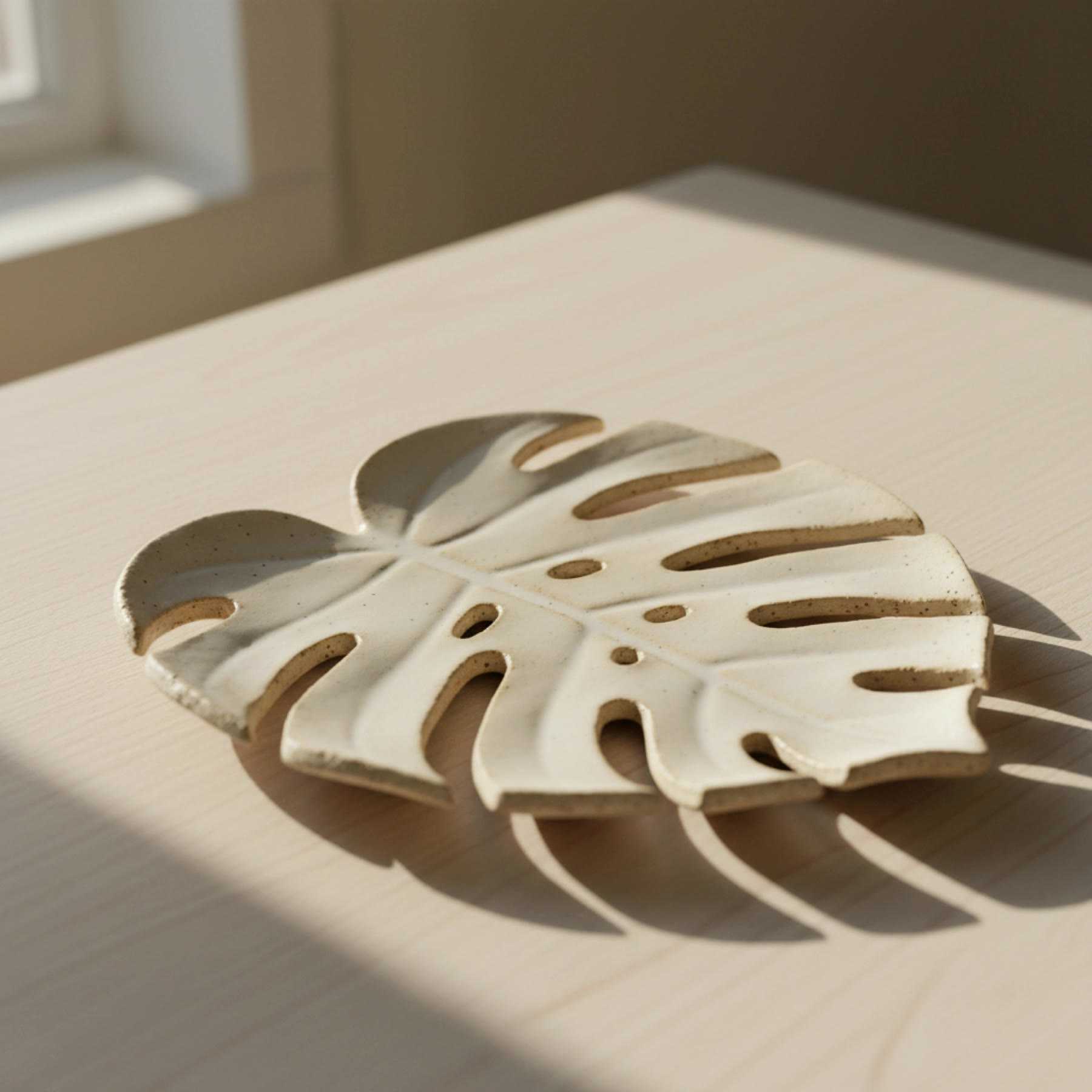 Illustration of a matte white monstera-leaf plate