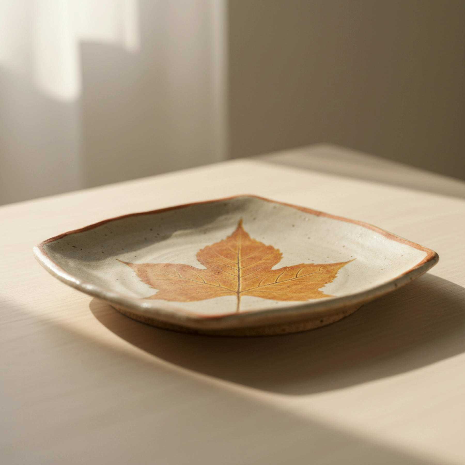 Illustration of a plate painted with a single rust-coloured chinar leaf