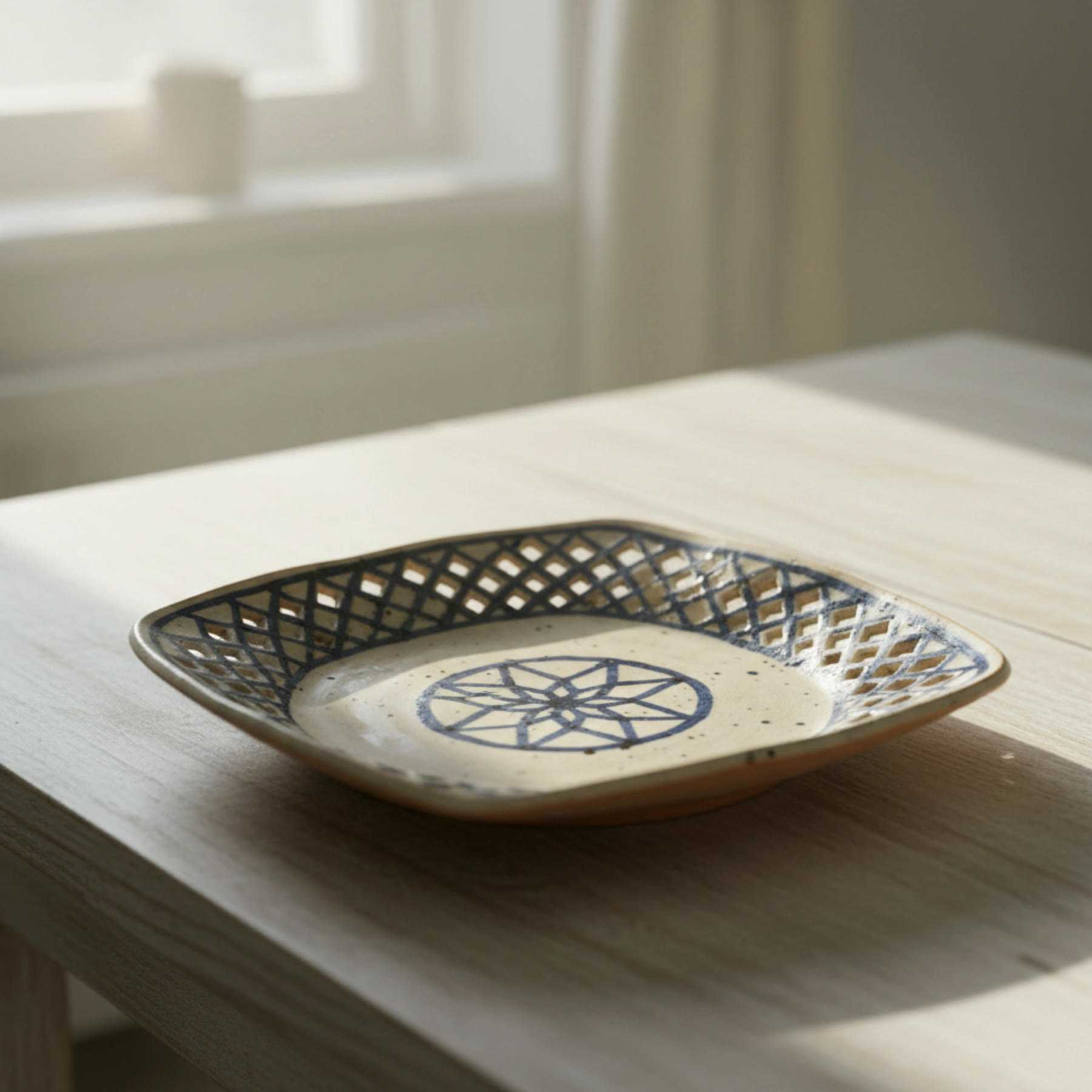Illustration of a cobalt-on-white plate with a lattice border and a star medallion