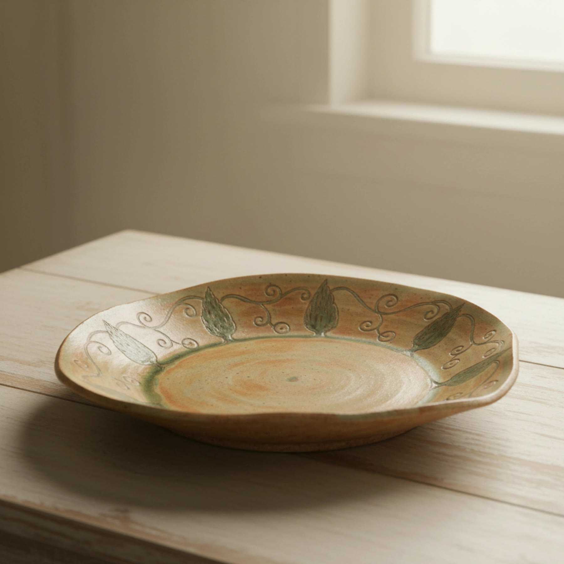Illustration of a platter painted in ochre and green with a cypress-and-vine border