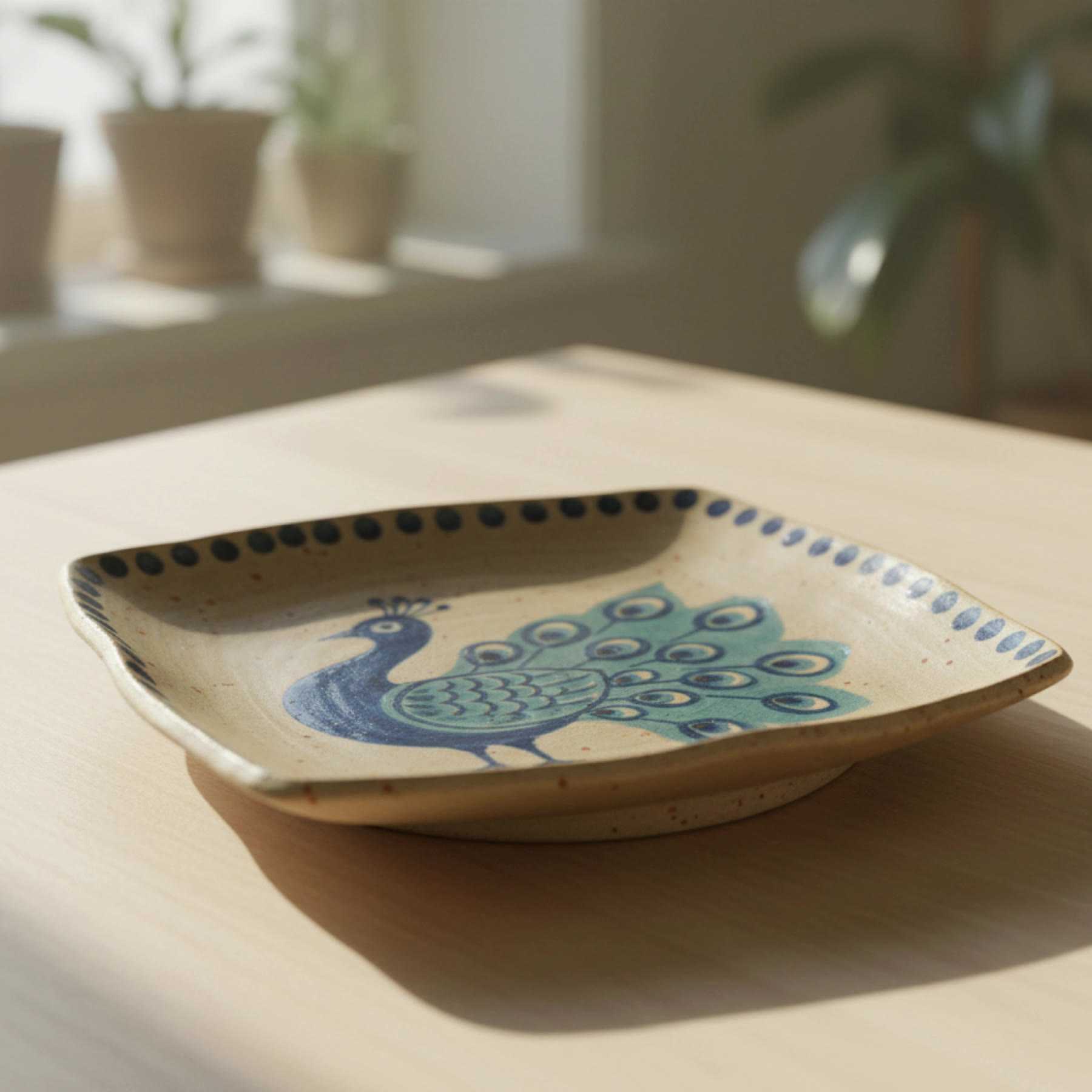 Illustration of a plate painted with a stylised blue and teal peacock