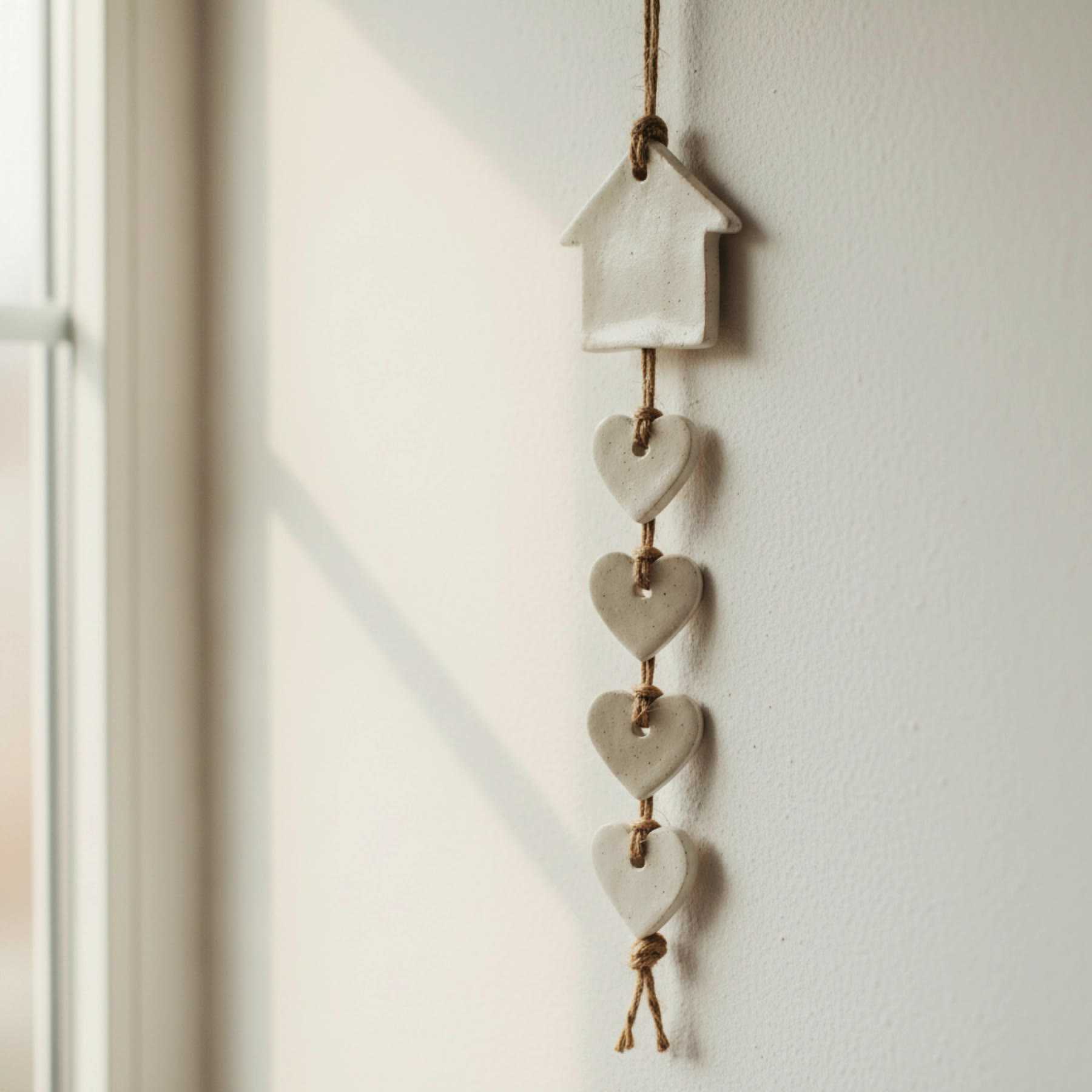 Illustration of a ceramic wall hanging of a little house with four hearts on twine