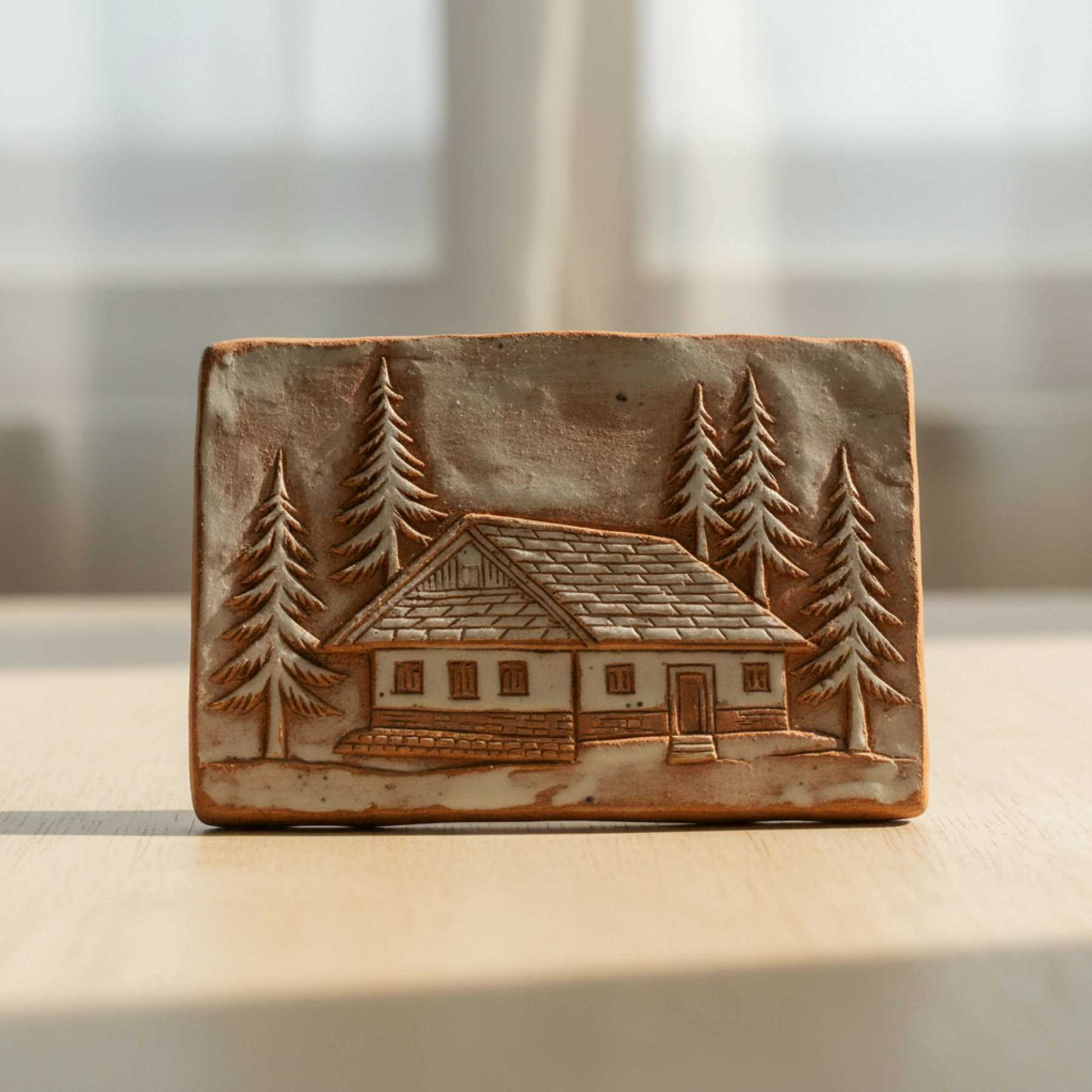 Illustration of a terracotta plaque carved with a hill house and pine trees