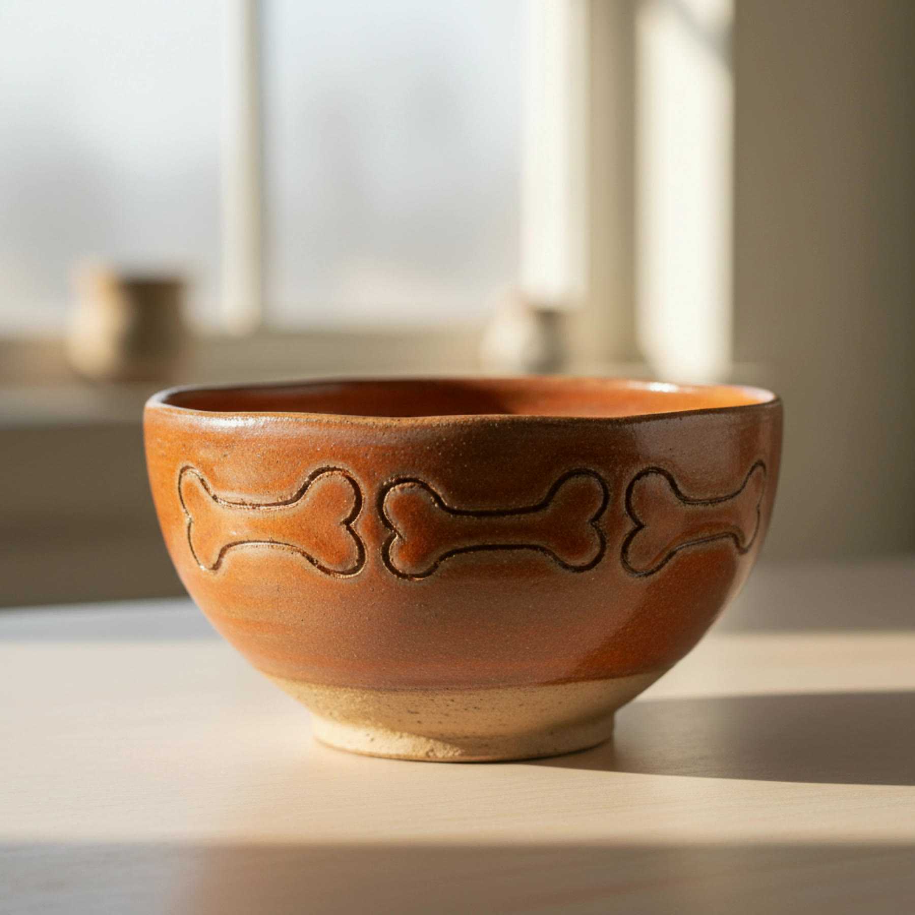 Illustration of a rust-glazed bowl with bone shapes carved around it