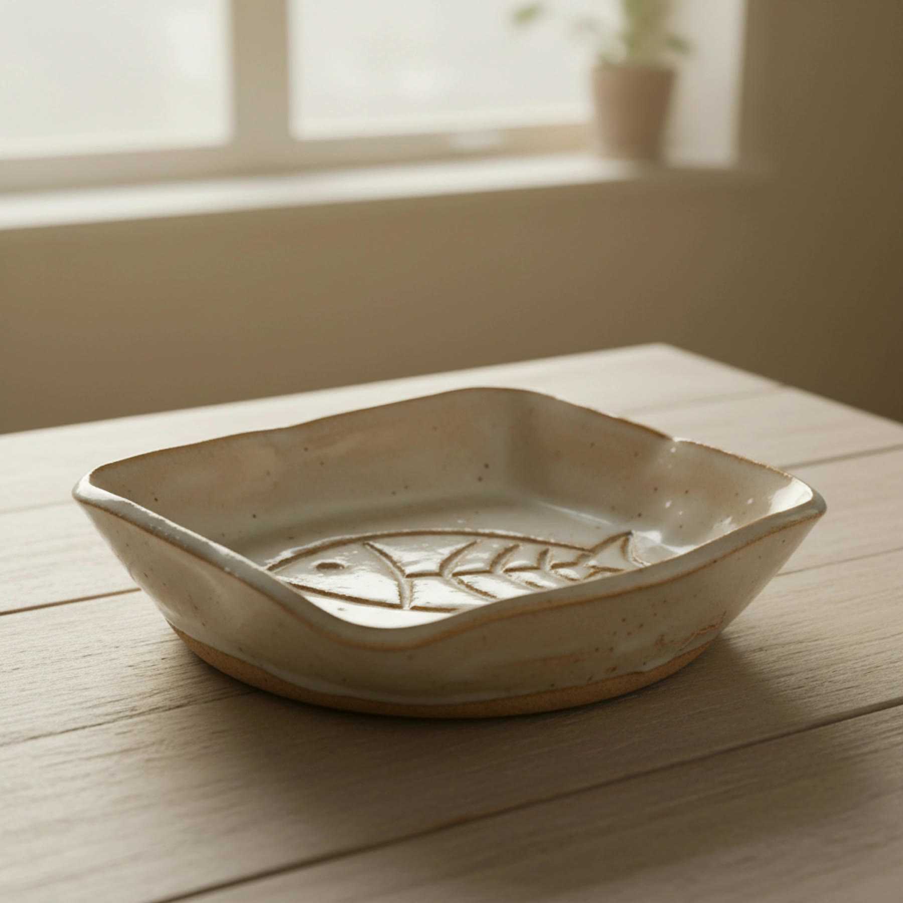 Illustration of a shallow white cat dish with a fish-bone pattern