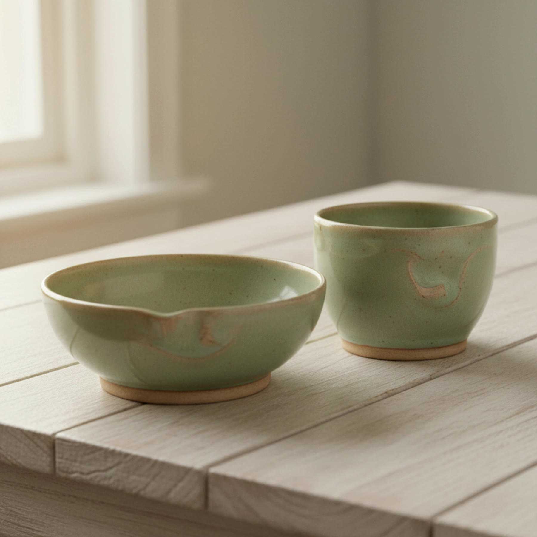 Illustration of a matching pair of sage-green food and water bowls