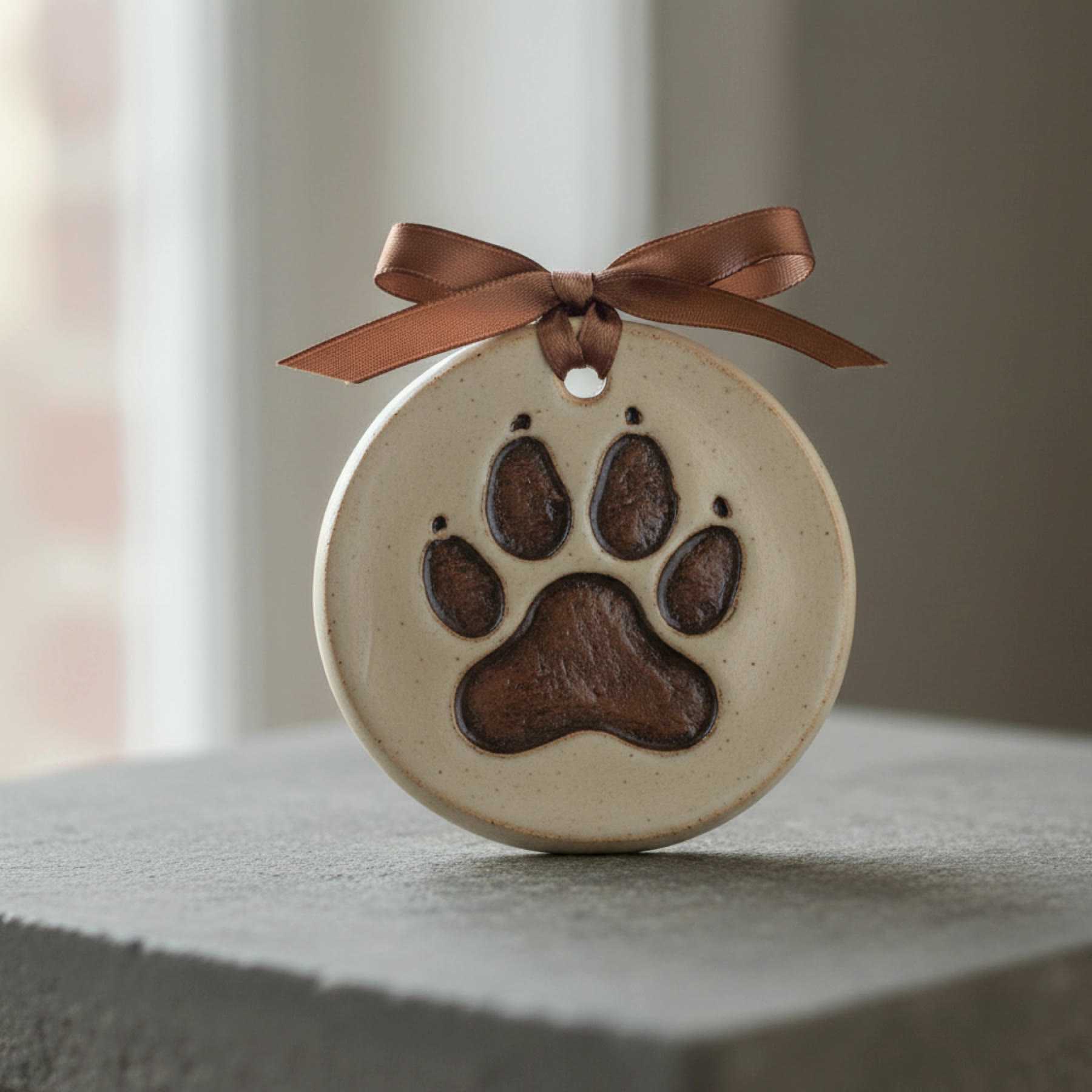Illustration of a round ceramic ornament with a brown paw print and a ribbon