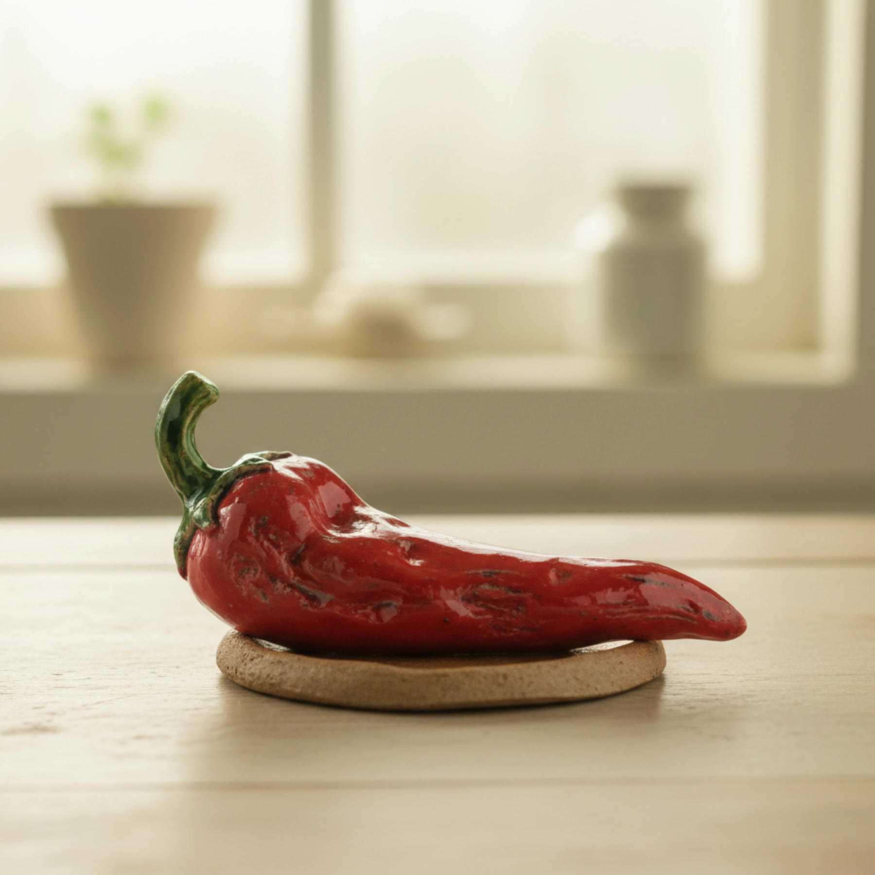 Illustration of a red chilli-shaped ceramic spoon rest