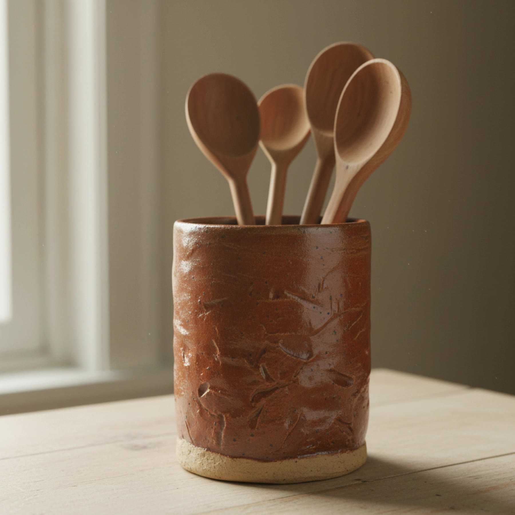 Illustration of a rust-glazed ceramic utensil crock holding wooden spoons