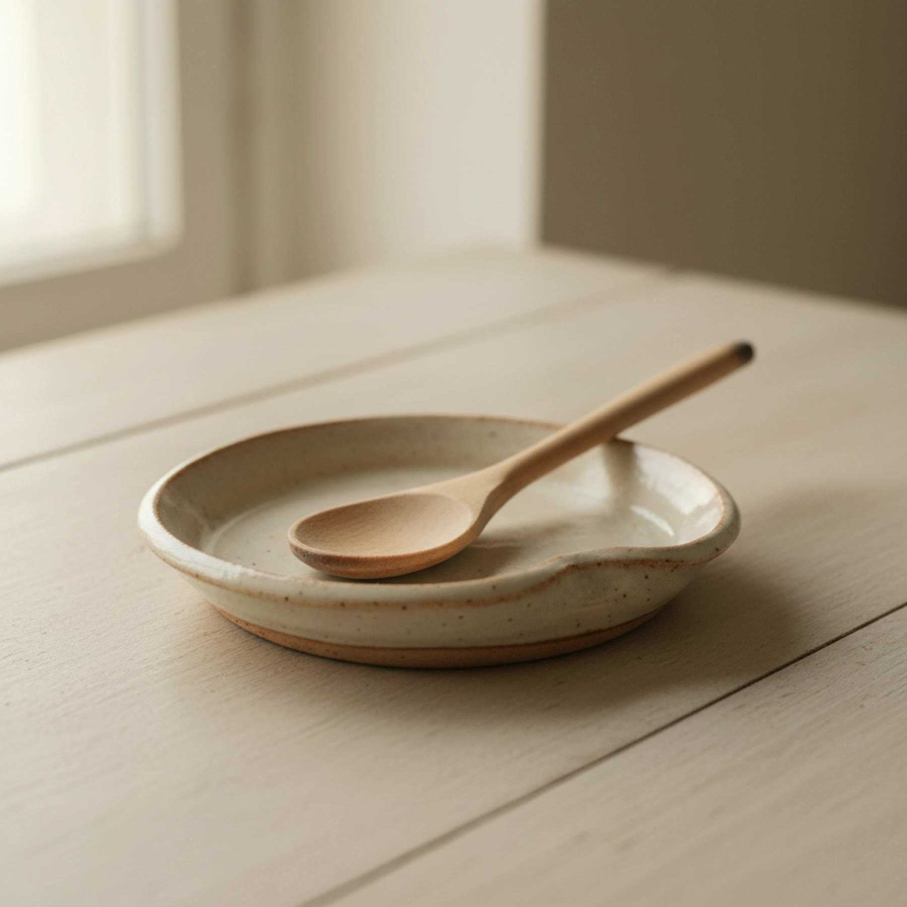 Illustration of a white oval ceramic spoon rest with a wooden spoon