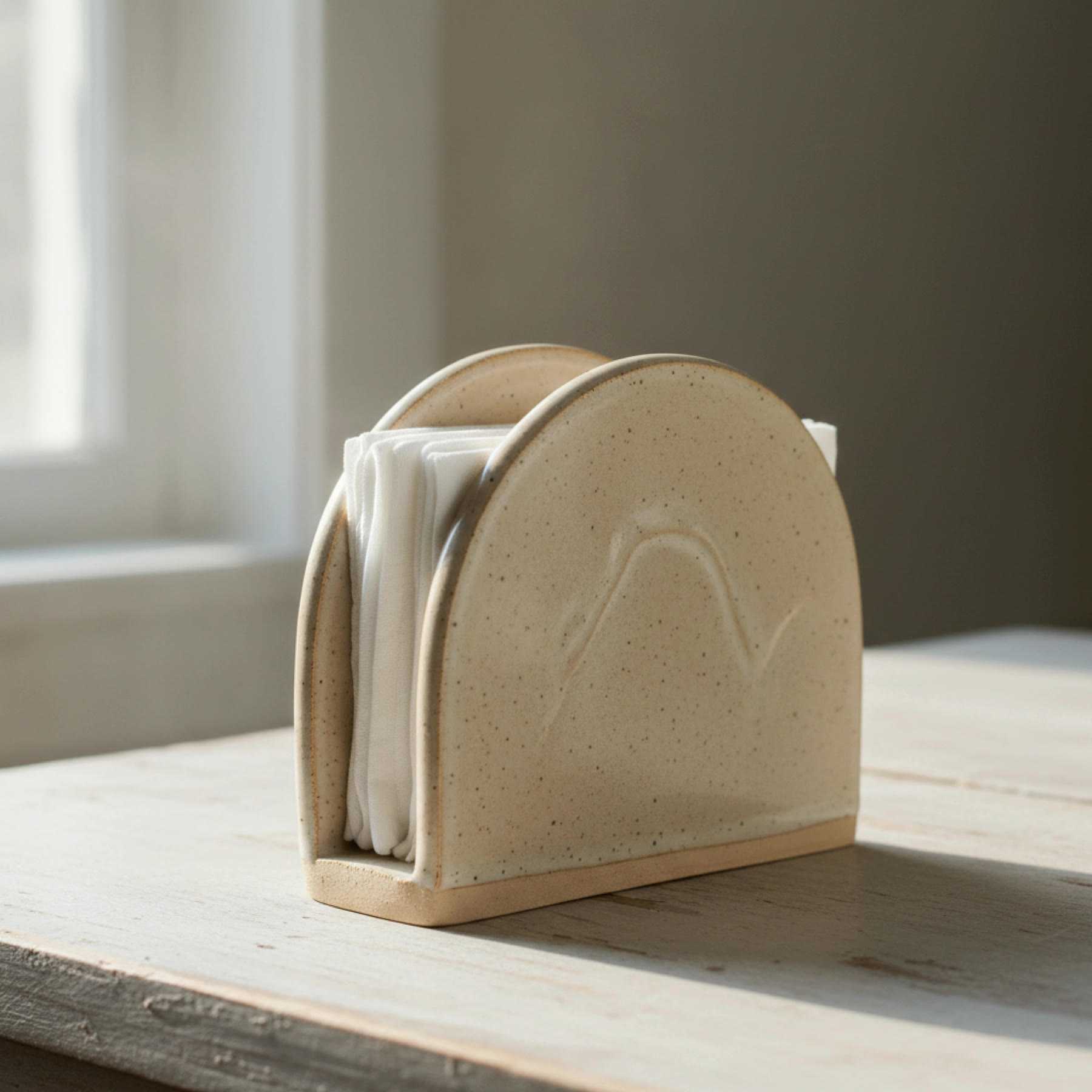 Illustration of a plain arch-shaped napkin holder in speckled glaze