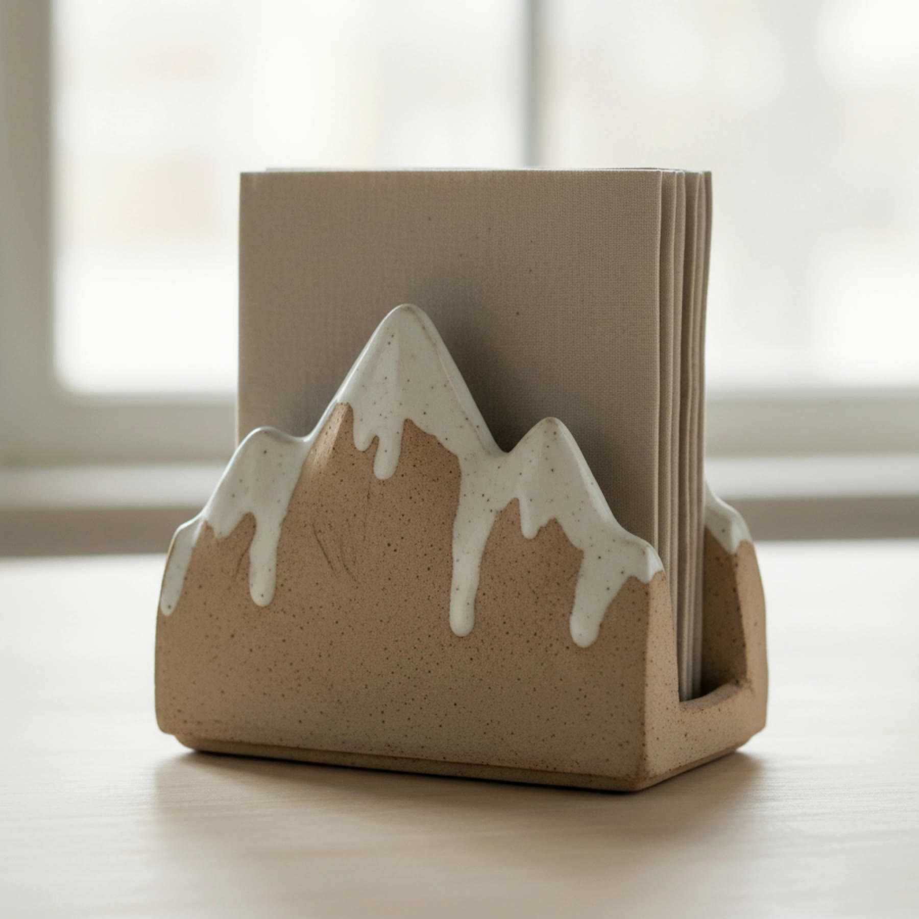 Illustration of a napkin holder with a snowy mountain ridge on the front