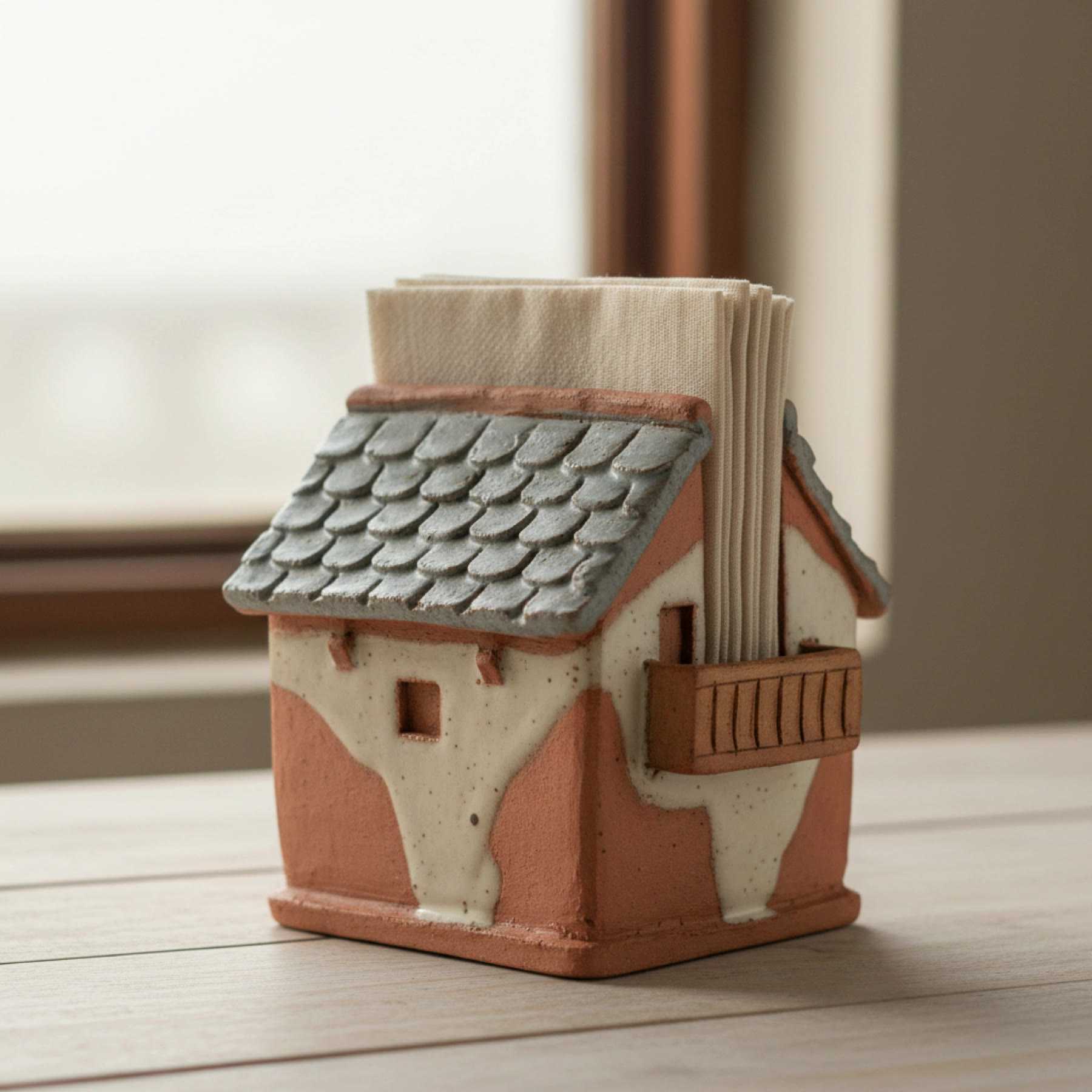 Illustration of a napkin holder shaped like a Himachali house with a slate roof