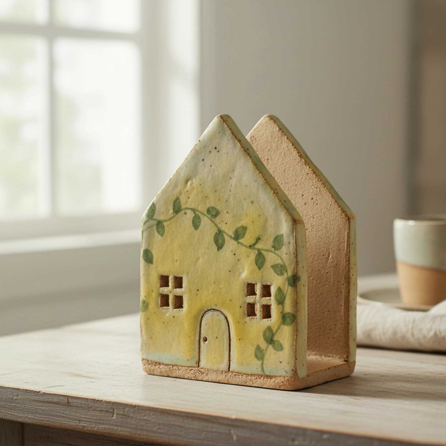 Illustration of a yellow house-shaped napkin holder with a green vine