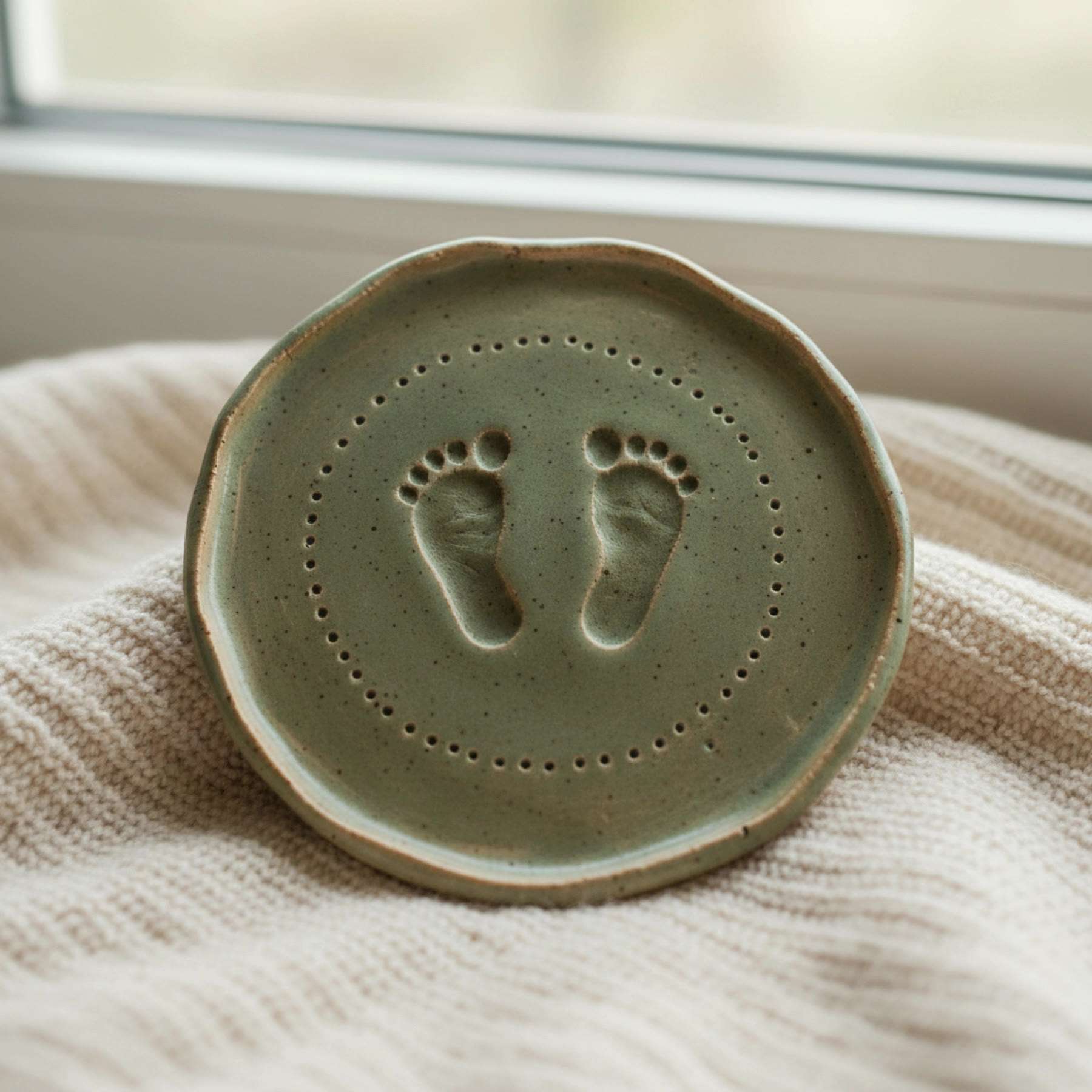 Illustration of a round green plaque with two baby footprints and a dotted border on a knitted blanket