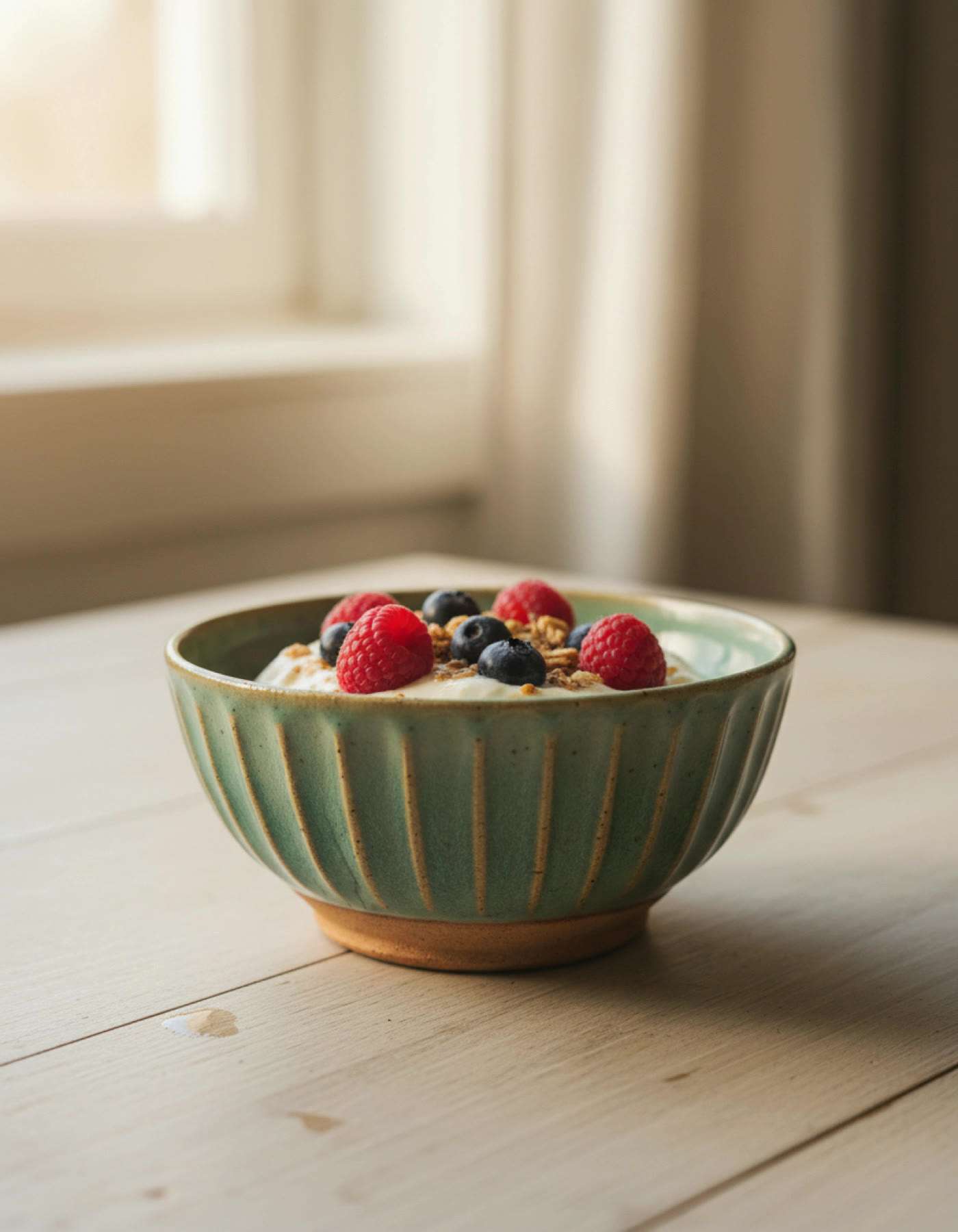 Illustration of a hand-built celadon bowl with carved fluting, holding yogurt and berries