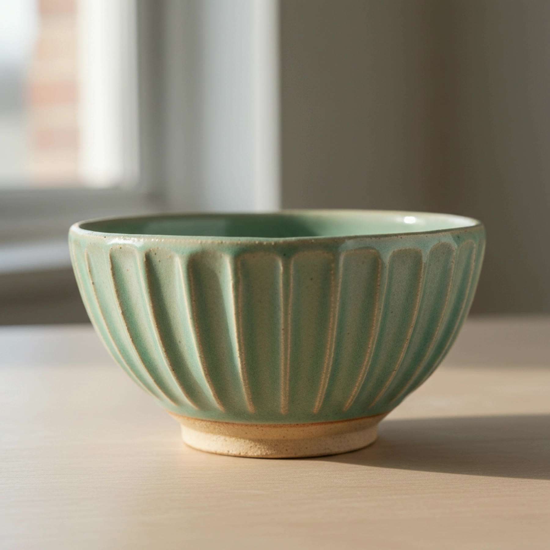 Illustration of an empty fluted celadon bowl with carved texture