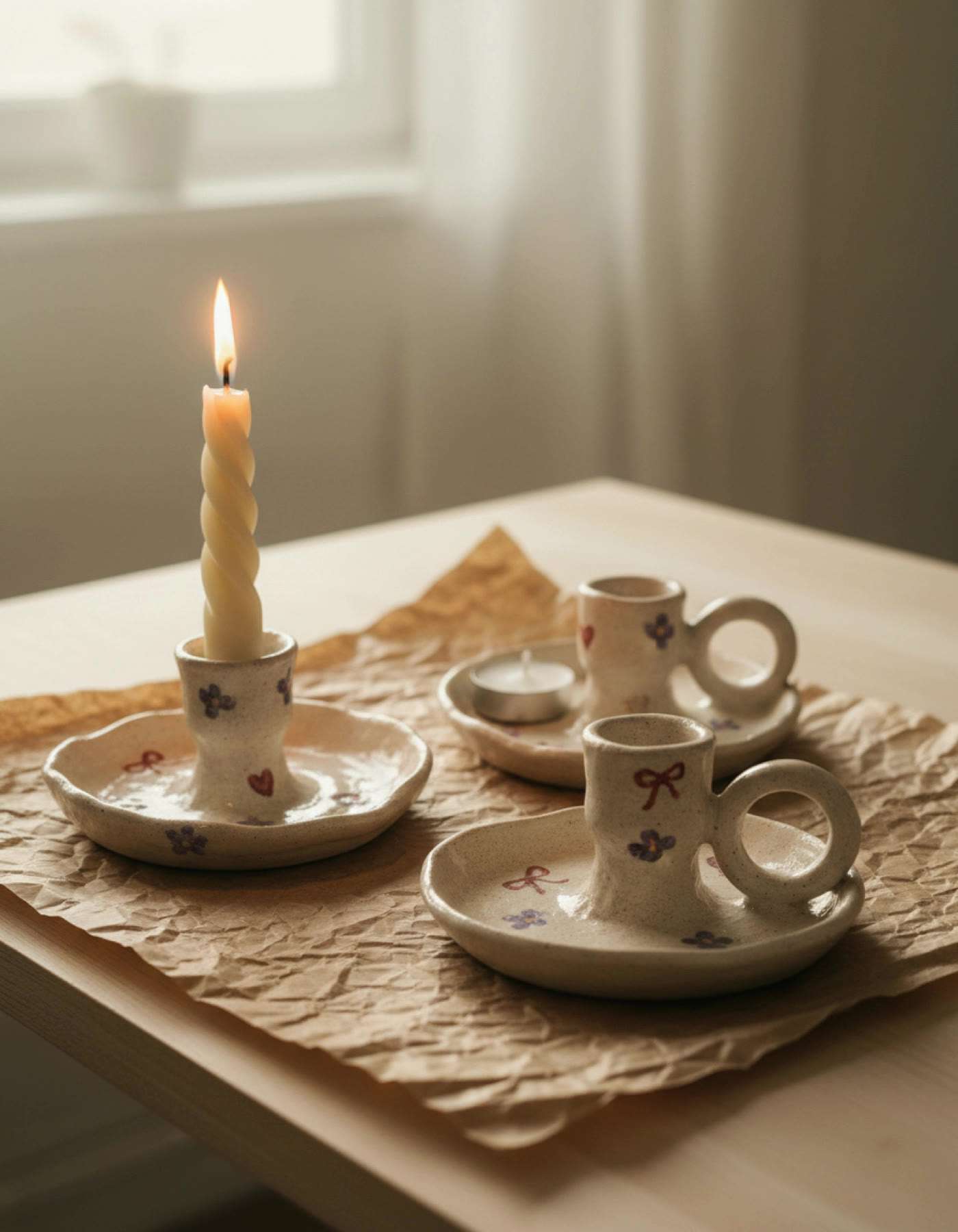 Illustration of three hand-painted chamberstick candle holders with flowers and hearts by a window